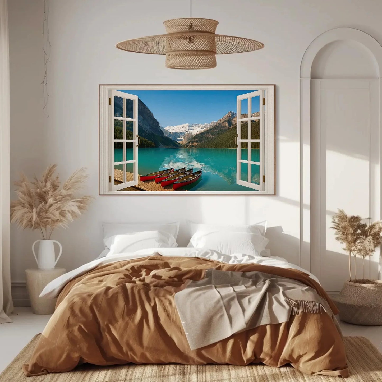 Canadian lake mountain canvas wall art print with red canoes and turquoise water through open window view for cabin or lodge room decor Wall Art – Canvas Print