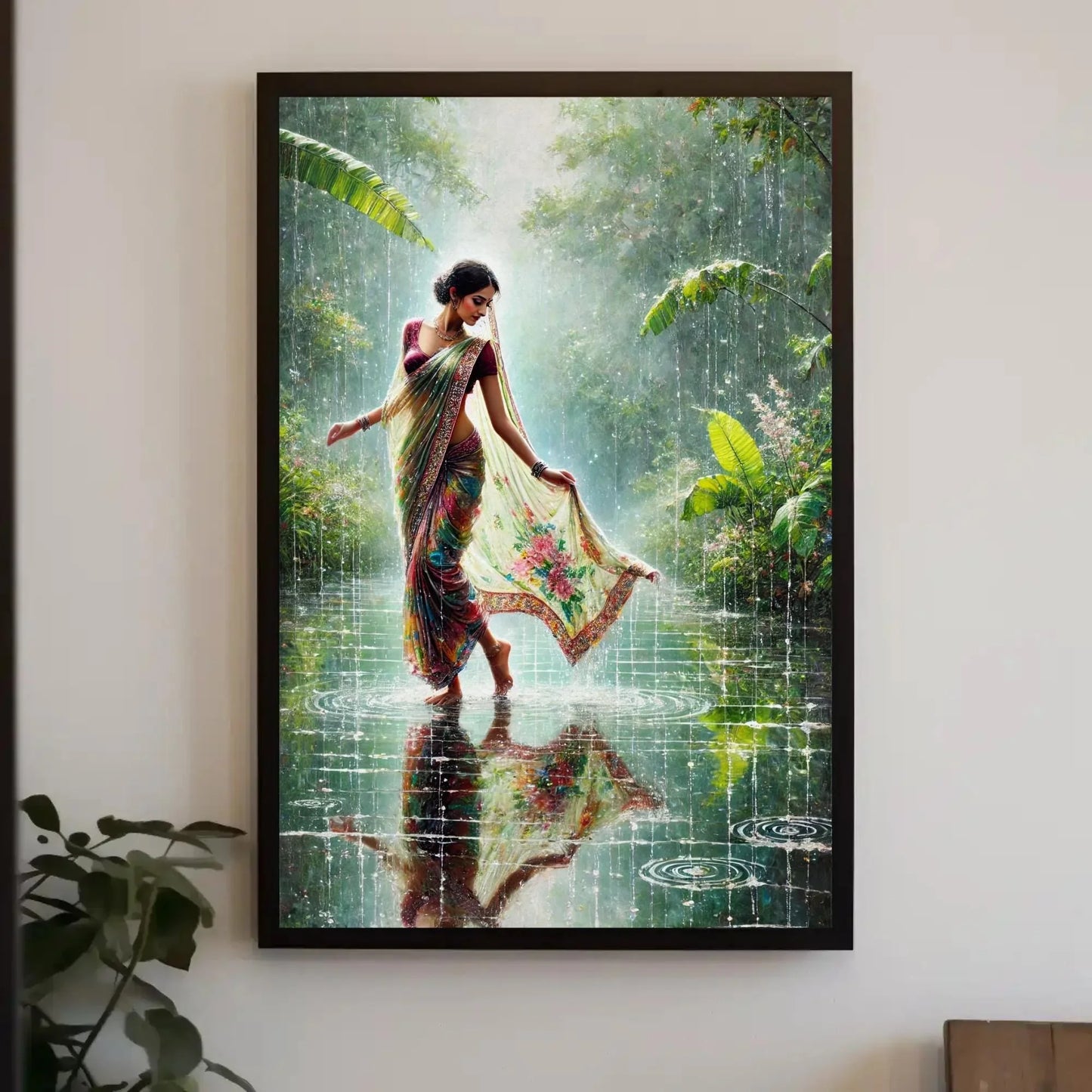 Monsoon Magic: Indian Women in Rain Canvas Print | Vibrant Traditional Oil Painting | Cultural Indian Wall Art for Living Room or Bedroom Wall Art – Canvas Print