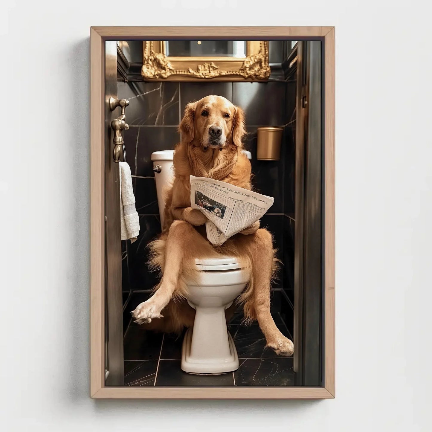 Golden Retriever Reading Newspaper on Toilet Canvas Print - Toilet Humor - Whimsical Bathroom Art - Funny Animal Print - HQ Ready to Hang Wall Art – Canvas Print