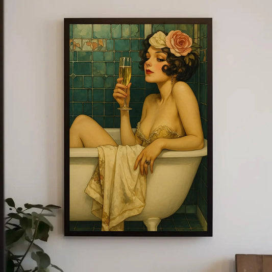 Elegant bathtub woman canvas painting wall art for vintage boudoir or chic bathroom decor with champagne glass and rose hair detail Wall Art – Canvas Print