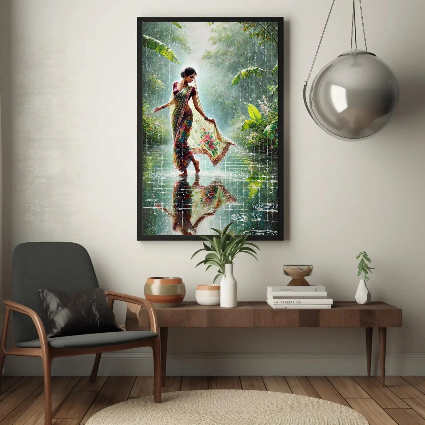 Monsoon Magic: Indian Women in Rain Canvas Print | Vibrant Traditional Oil Painting | Cultural Indian Wall Art for Living Room or Bedroom Wall Art – Canvas Print