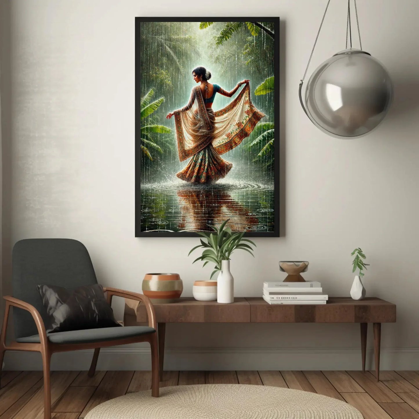 Traditional Indian Women in Tropical Green Rainy Jungle Canvas Print | Cultural Oil Painting | Vibrant Indian Wall Art for Living Room Wall Art – Canvas Print