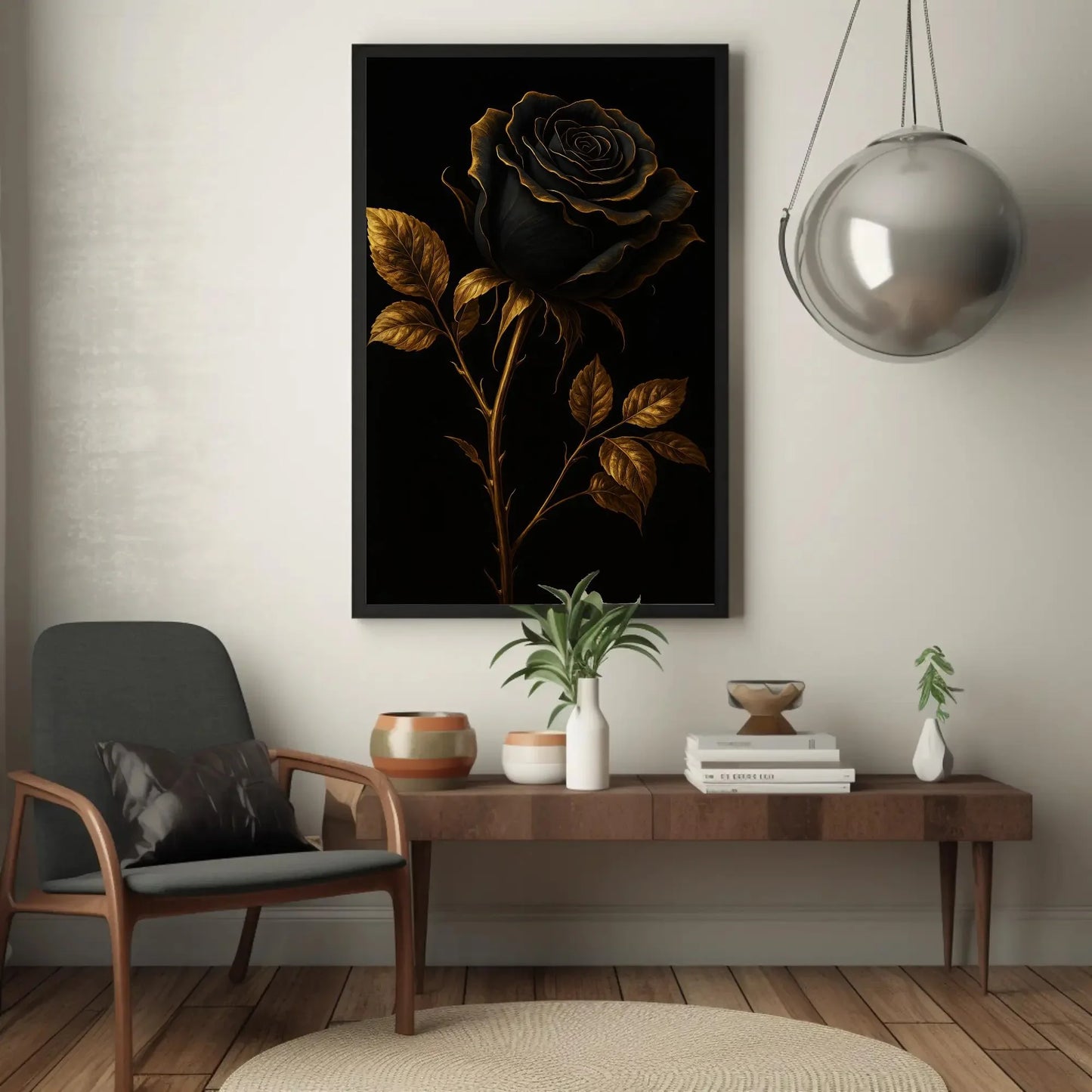 Elegant black rose canvas wall art print for gothic bedroom or moody floral decor with gold trimmed petals on black luxury background Wall Art – Canvas Print
