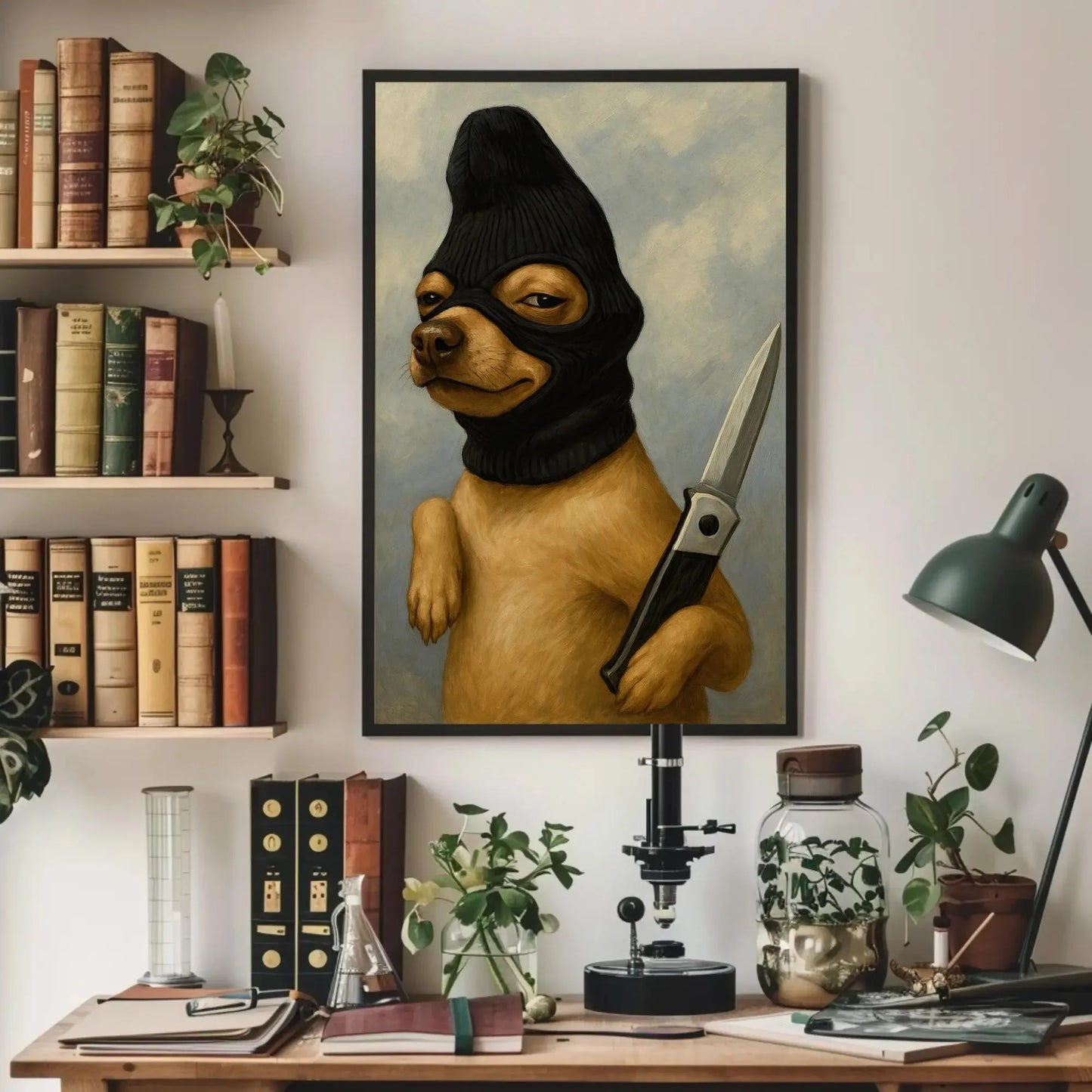 Funny criminal dog canvas wall art print for edgy home or dark humor decor with ski mask chihuahua and knife surreal animal painting Wall Art – Canvas Print