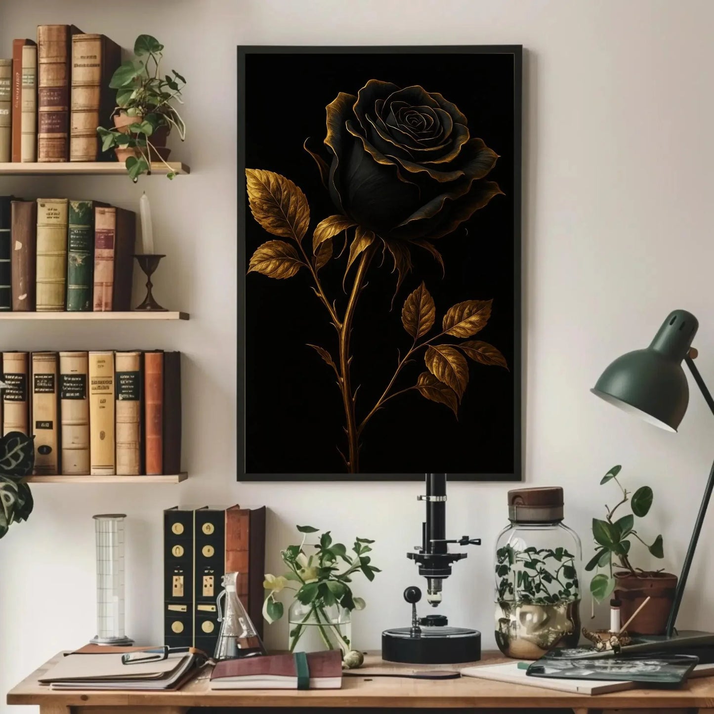Elegant black rose canvas wall art print for gothic bedroom or moody floral decor with gold trimmed petals on black luxury background Wall Art – Canvas Print