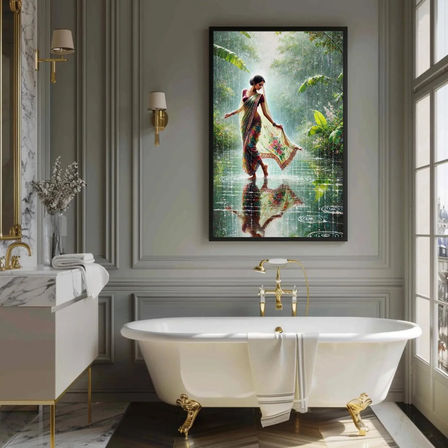 Monsoon Magic: Indian Women in Rain Canvas Print | Vibrant Traditional Oil Painting | Cultural Indian Wall Art for Living Room or Bedroom Wall Art – Canvas Print