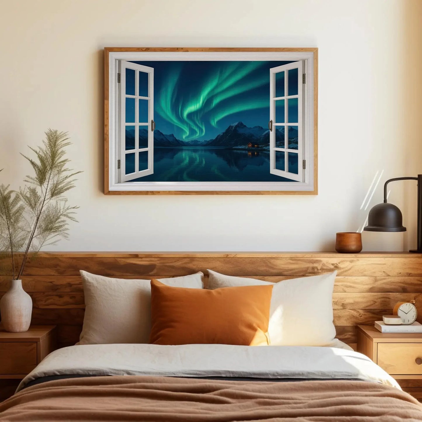 Northern lights open window view canvas wall art print for Scandinavian winter decor or night sky lovers aurora borealis painting Wall Art – Canvas Print