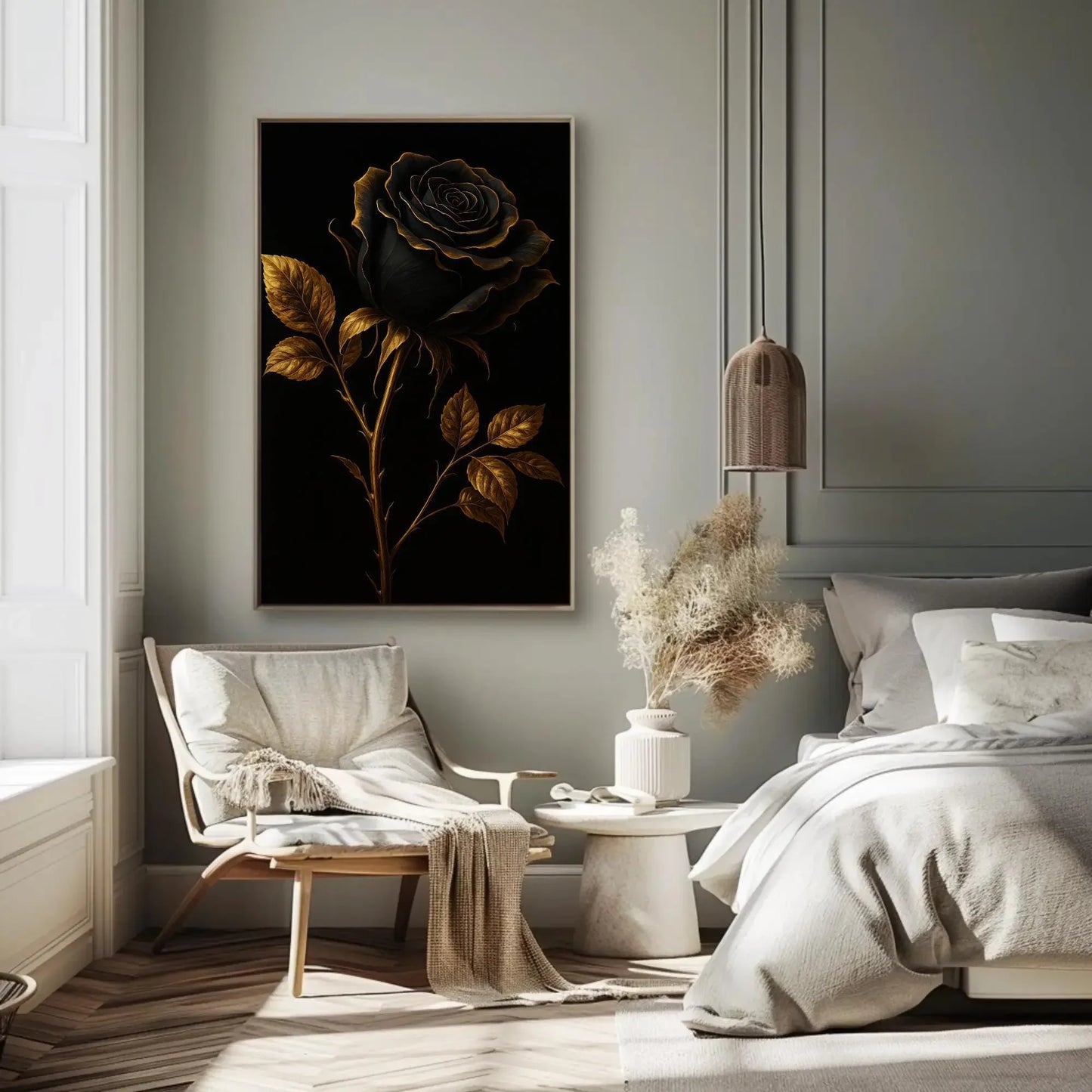 Elegant black rose canvas wall art print for gothic bedroom or moody floral decor with gold trimmed petals on black luxury background Wall Art – Canvas Print