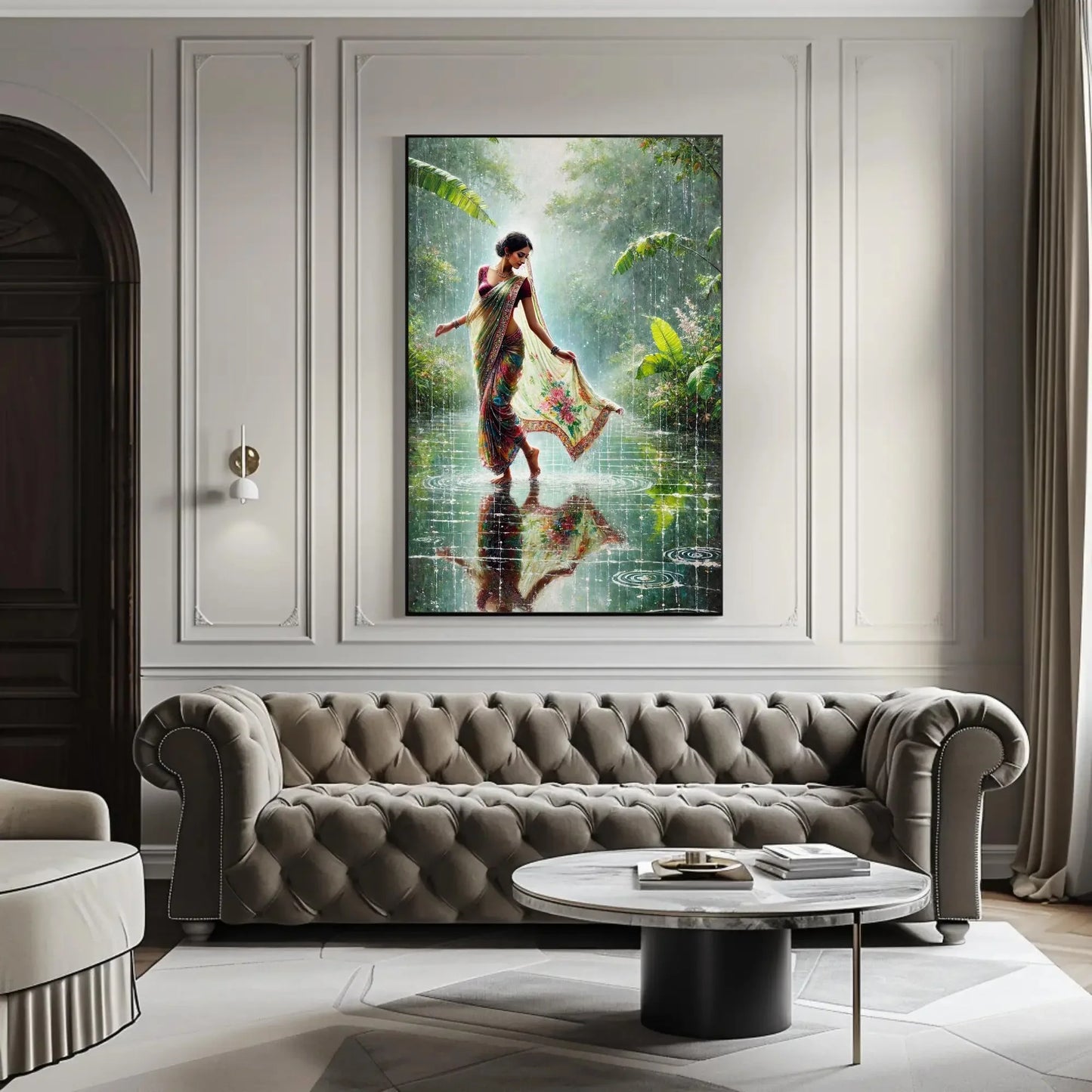 Monsoon Magic: Indian Women in Rain Canvas Print | Vibrant Traditional Oil Painting | Cultural Indian Wall Art for Living Room or Bedroom Wall Art – Canvas Print