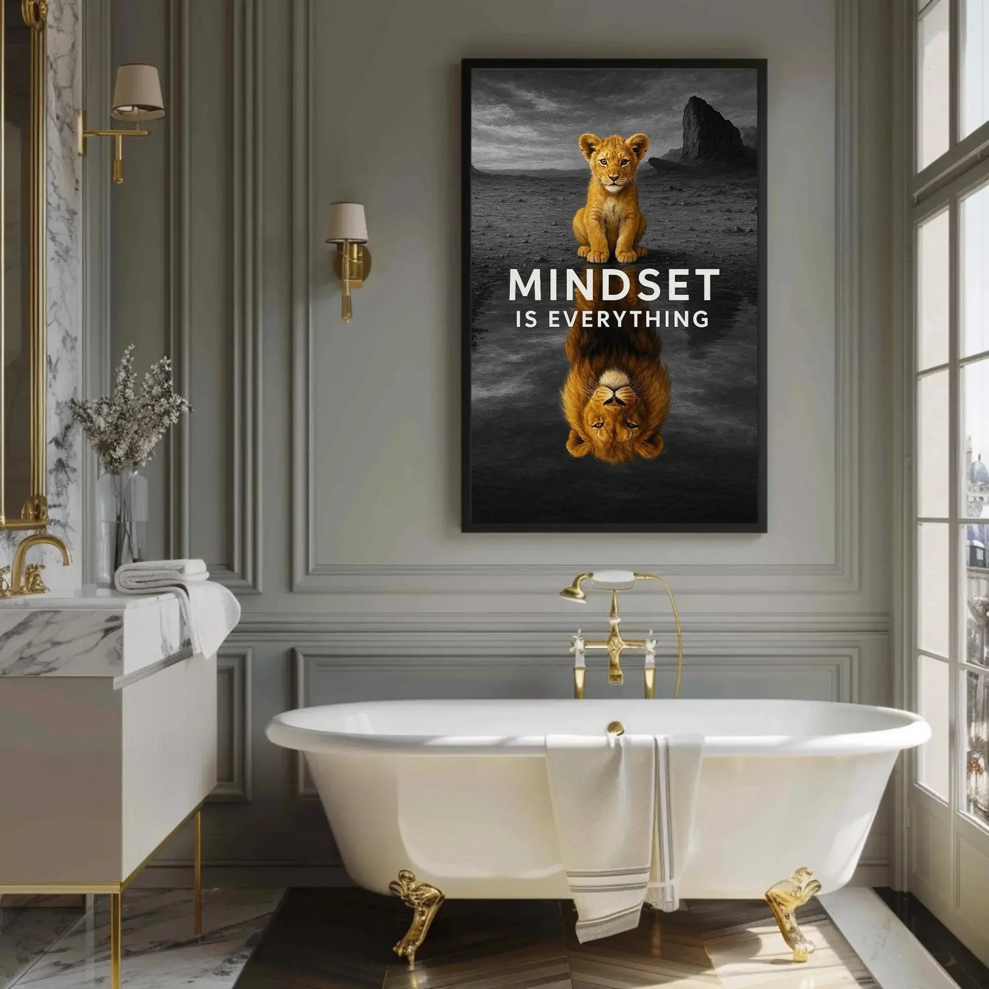 Mindset lion cub canvas wall art print for motivational home or office decor with inspirational animal quote and desert reflection scene Wall Art – Canvas Print