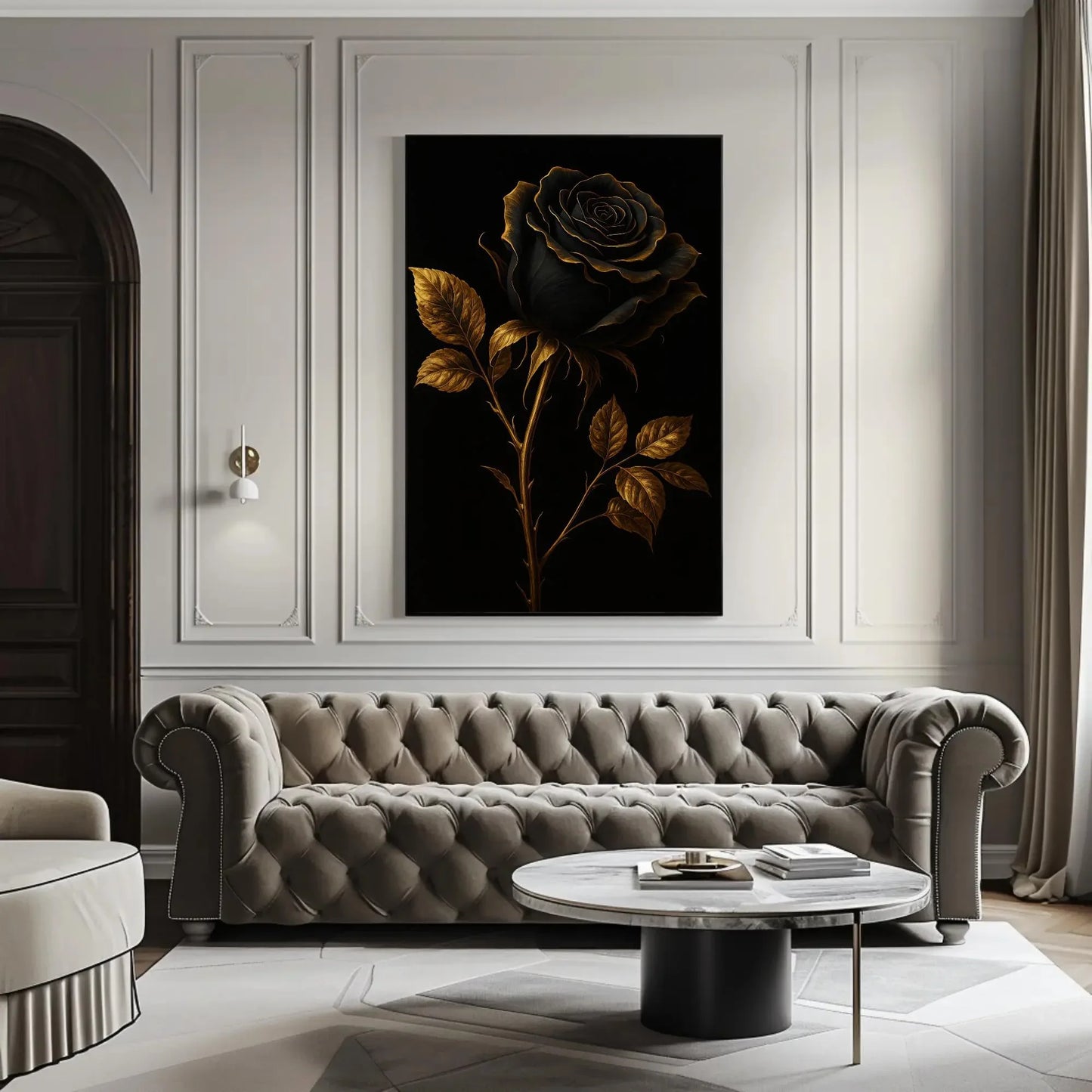 Elegant black rose canvas wall art print for gothic bedroom or moody floral decor with gold trimmed petals on black luxury background Wall Art – Canvas Print