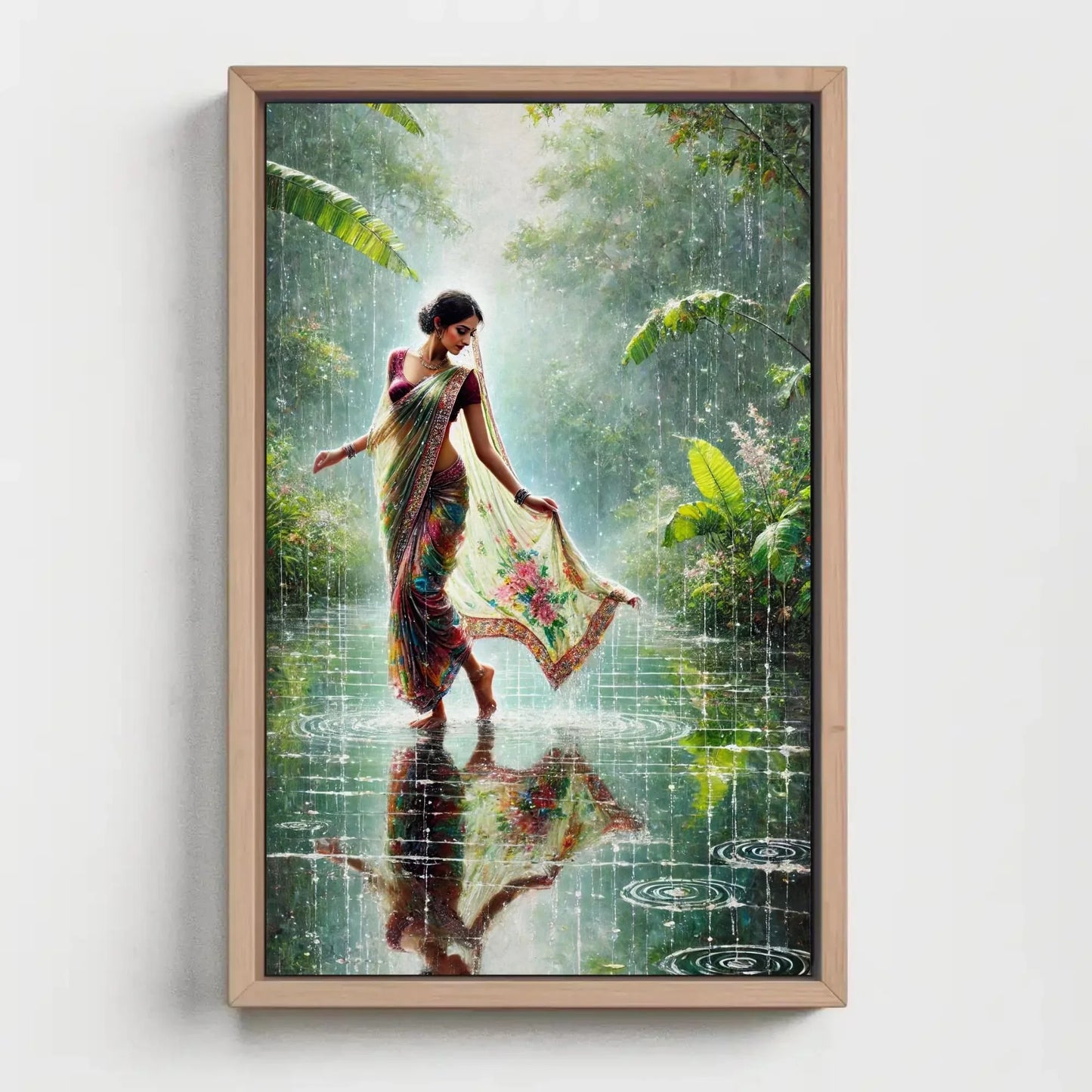 Monsoon Magic: Indian Women in Rain Canvas Print | Vibrant Traditional Oil Painting | Cultural Indian Wall Art for Living Room or Bedroom Wall Art – Canvas Print