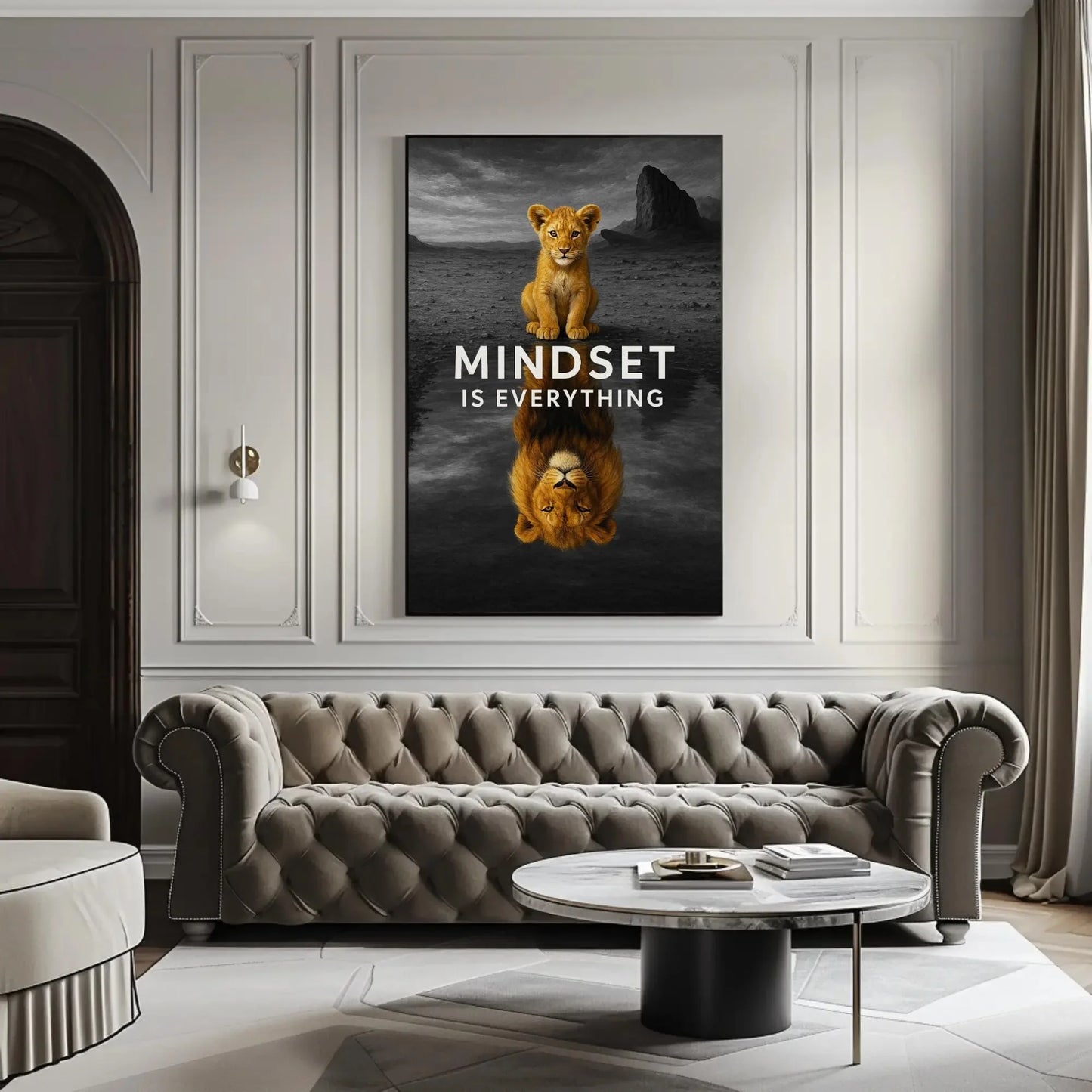 Mindset lion cub canvas wall art print for motivational home or office decor with inspirational animal quote and desert reflection scene Wall Art – Canvas Print