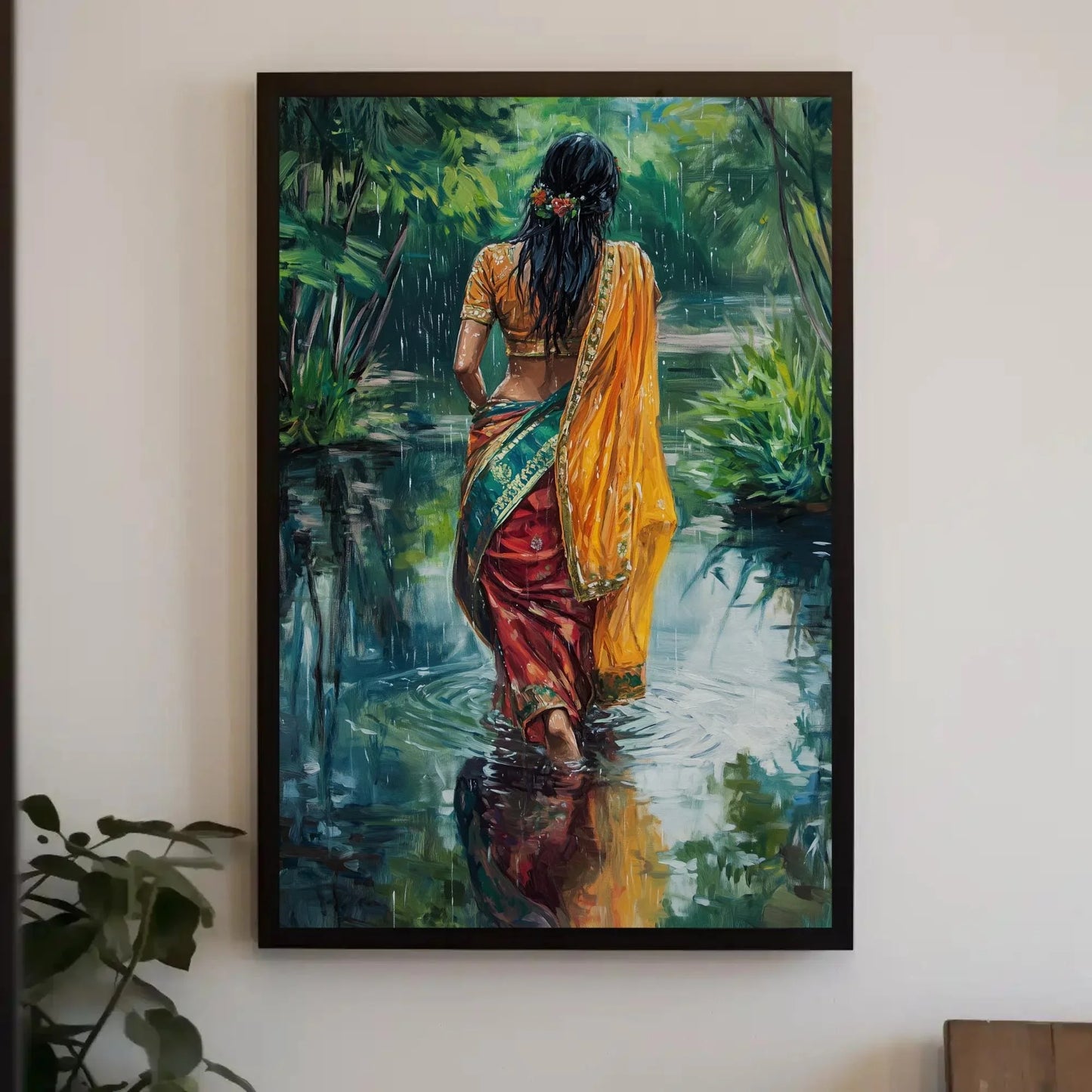 Indian Women in Sarees Walking in Rain Canvas Print | Vibrant Traditional Oil Painting | Cultural Indian Wall Art for Living Room or Bedroom Wall Art – Canvas Print