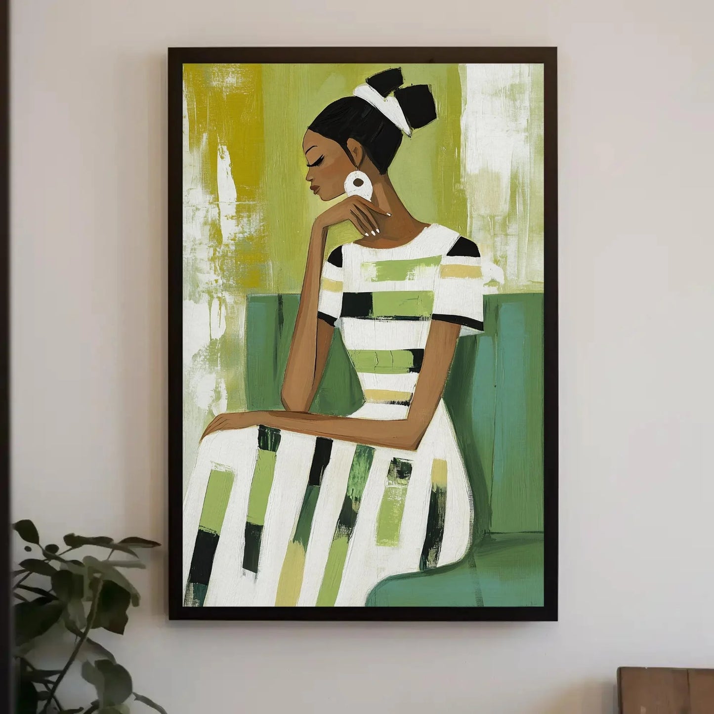 Black Woman Sage Green Abstract Painting Canvas Print | Modern Minimalist Wall Art | Elegant African American Decor for Living Room Bedroom Wall Art – Canvas Print