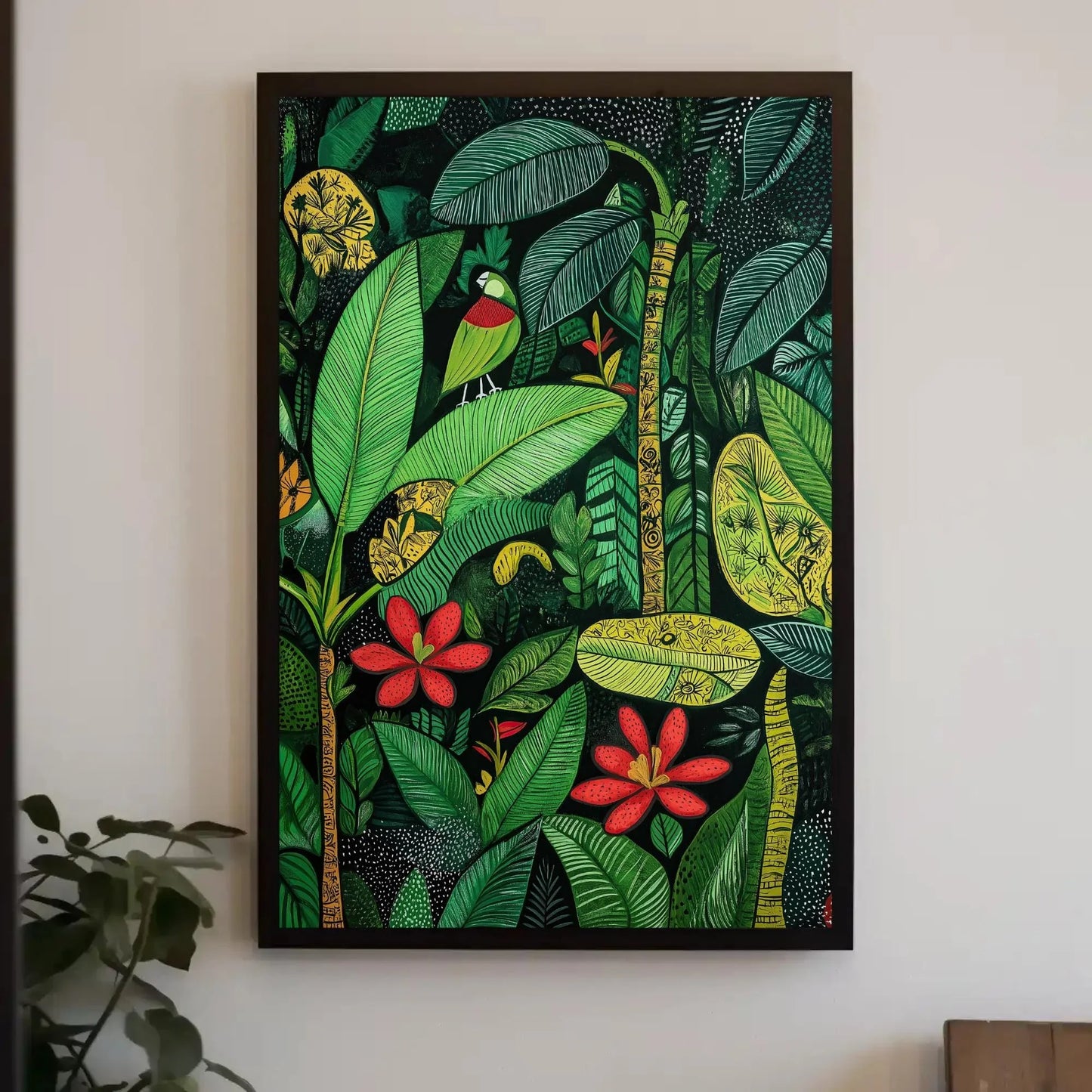 Madhubani Style Tropical Green Indian Jungle Canvas Print, Traditional Indian Wall Art, Vibrant Green Decor for Living Room or Bedroom Wall Art – Canvas Print