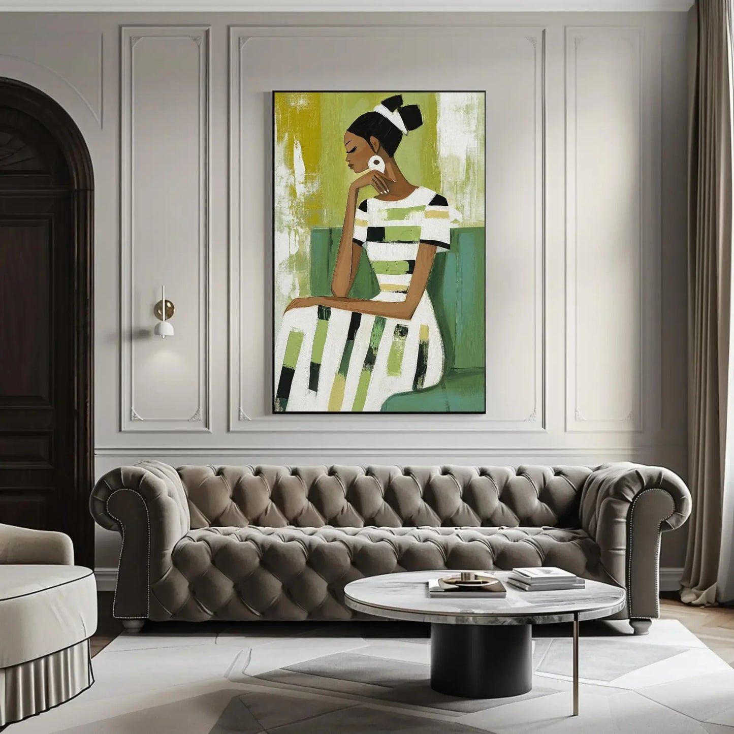 Black Woman Sage Green Abstract Painting Canvas Print | Modern Minimalist Wall Art | Elegant African American Decor for Living Room Bedroom Wall Art – Canvas Print