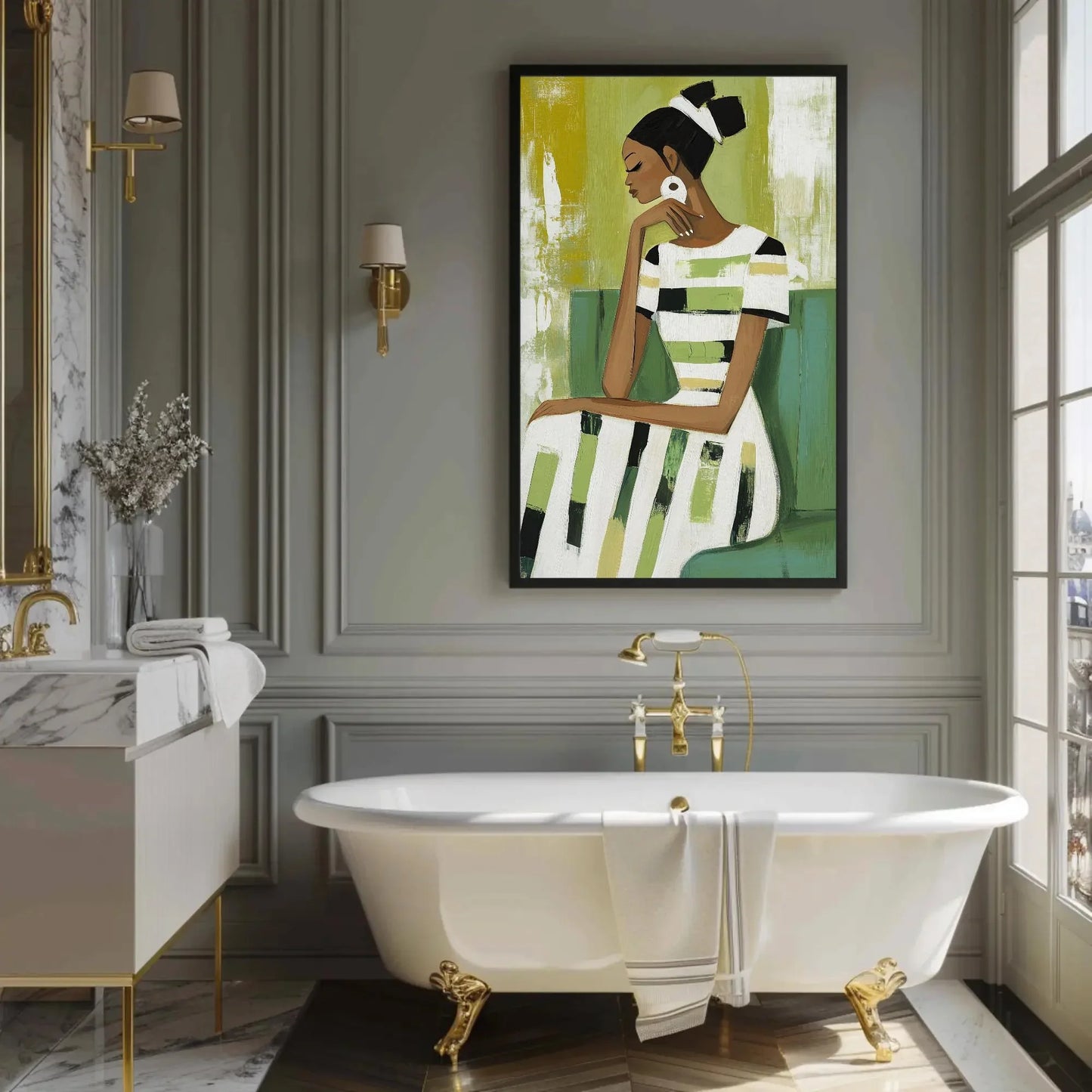 Black Woman Sage Green Abstract Painting Canvas Print | Modern Minimalist Wall Art | Elegant African American Decor for Living Room Bedroom Wall Art – Canvas Print