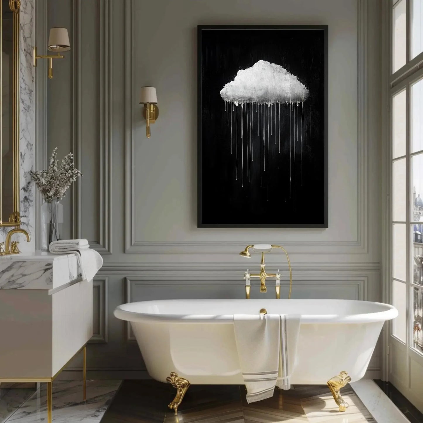 Oversized Dripping Cloud Canvas Wall Art in Monochrome, Minimalist Abstract Sky Painting for Bedroom or Contemporary Interiors Wall Art – Canvas Print