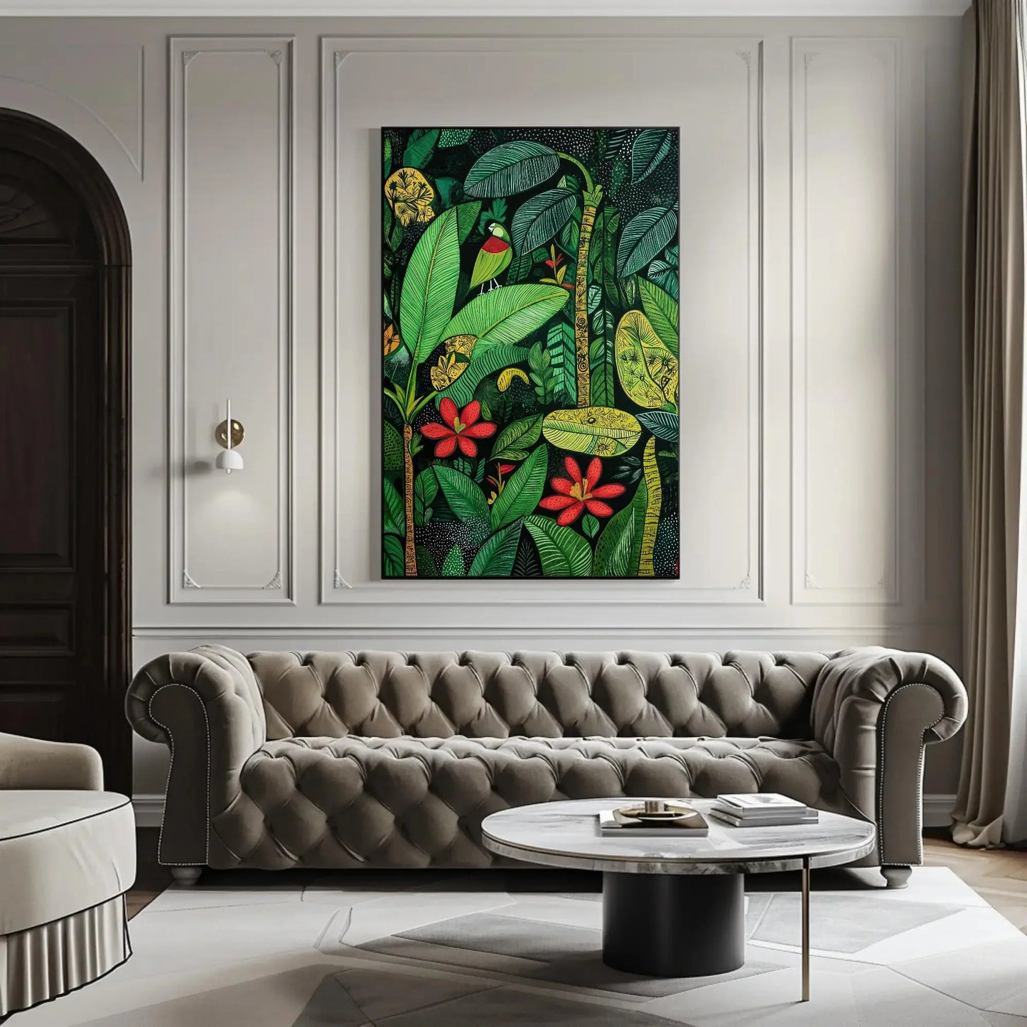 Madhubani Style Tropical Green Indian Jungle Canvas Print, Traditional Indian Wall Art, Vibrant Green Decor for Living Room or Bedroom Wall Art – Canvas Print