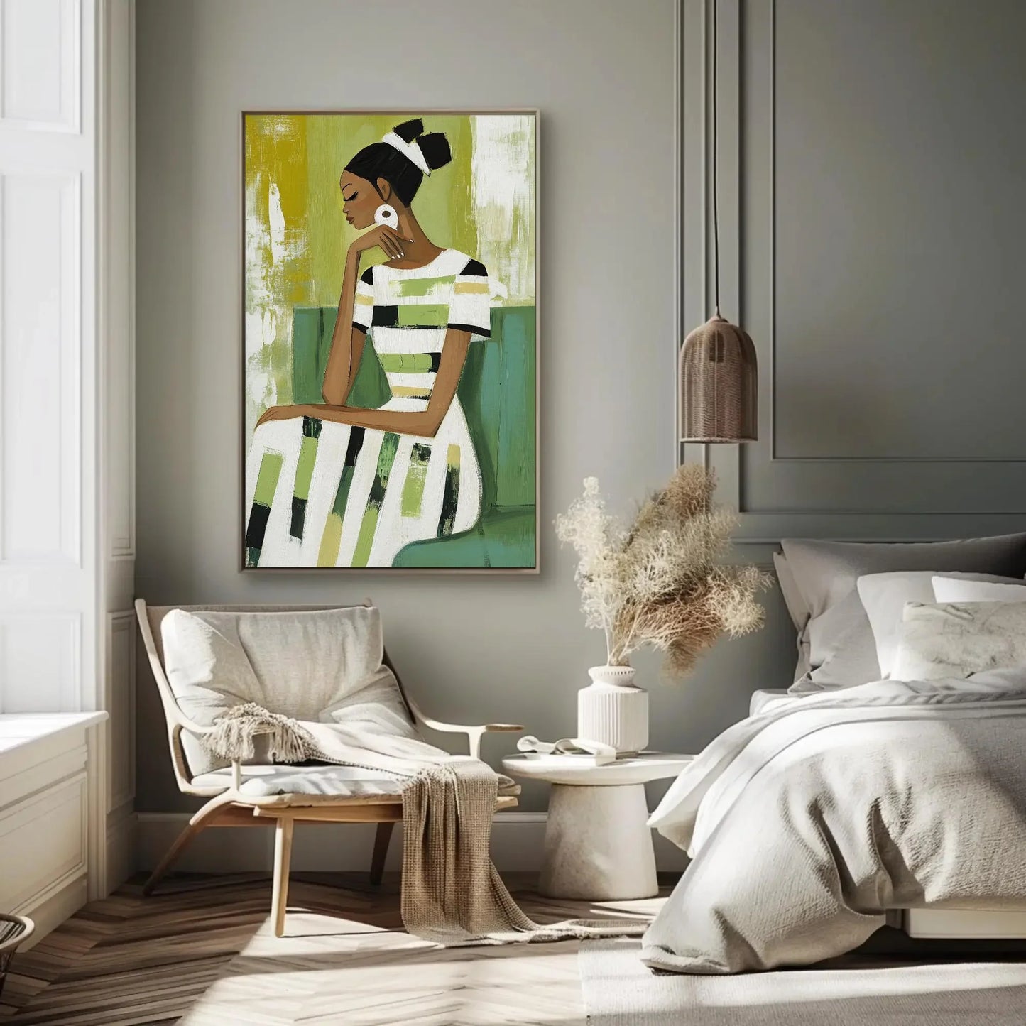 Black Woman Sage Green Abstract Painting Canvas Print | Modern Minimalist Wall Art | Elegant African American Decor for Living Room Bedroom Wall Art – Canvas Print