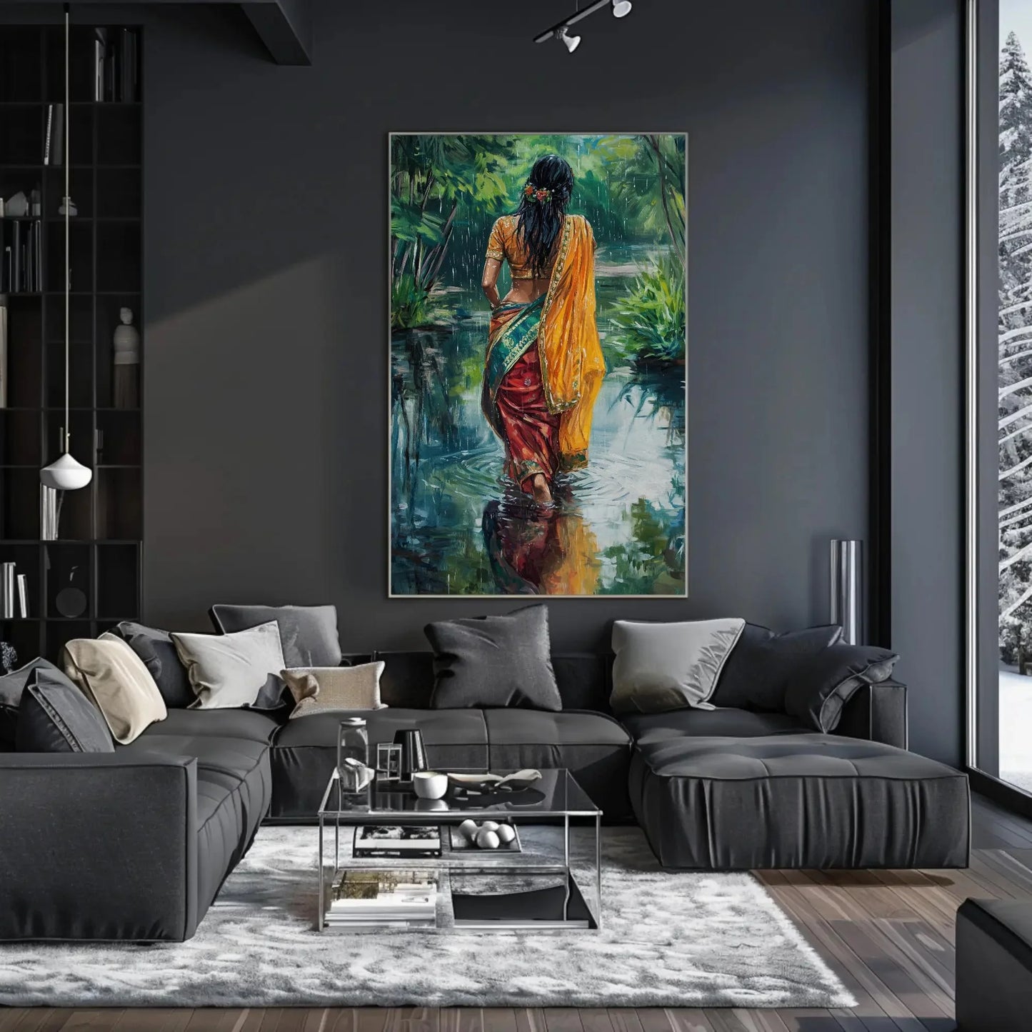 Indian Women in Sarees Walking in Rain Canvas Print | Vibrant Traditional Oil Painting | Cultural Indian Wall Art for Living Room or Bedroom Wall Art – Canvas Print
