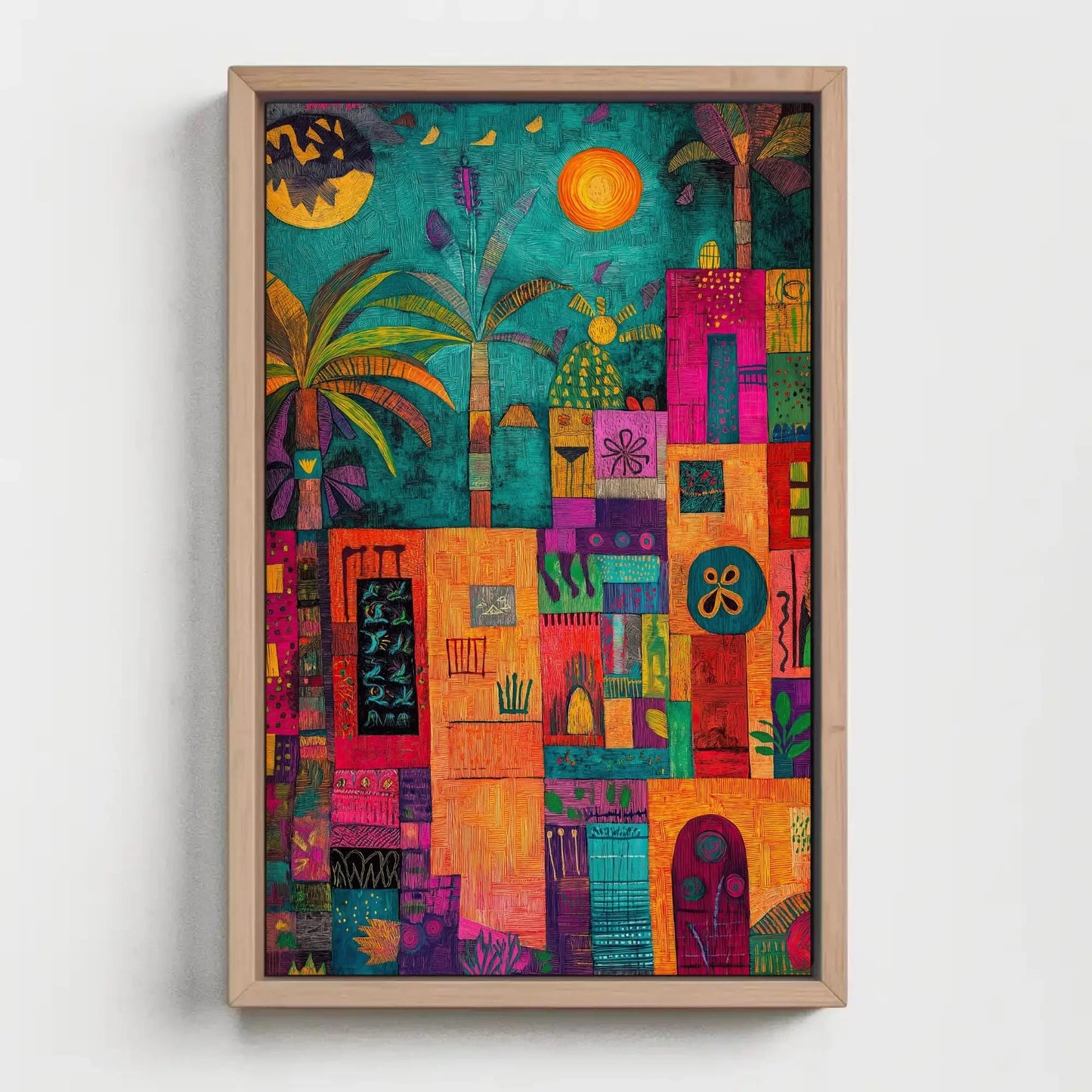 Mexican Town Folk Art Style Canvas Print, Vibrant Mexico Painting, Cultural Wall Art for Living Room or Kitchen Decor Wall Art – Canvas Print
