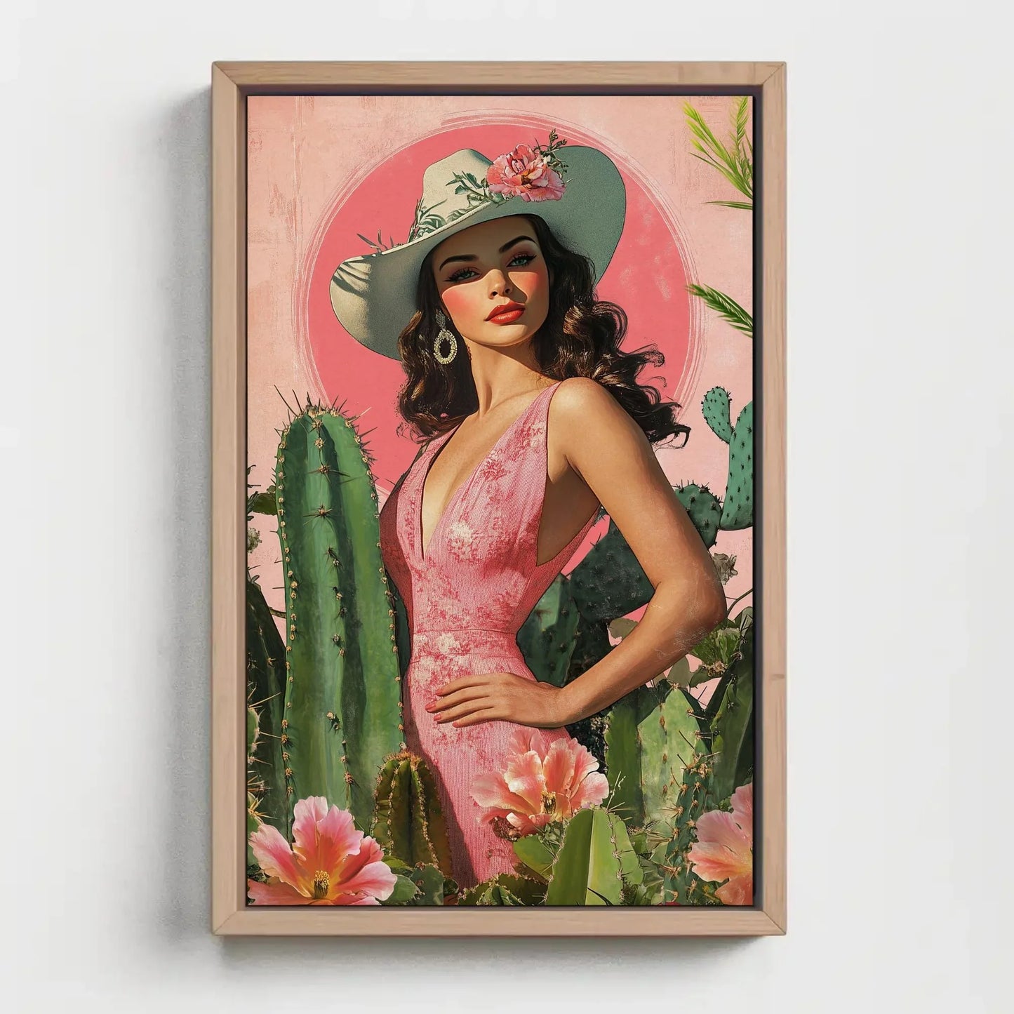 Latina Cowgirl with Cactus and Flowers Canvas Print, Southwestern Wall Art, Vibrant Mexican Decor, Cowgirl Floral Art, Ready to Hang Wall Art – Canvas Print