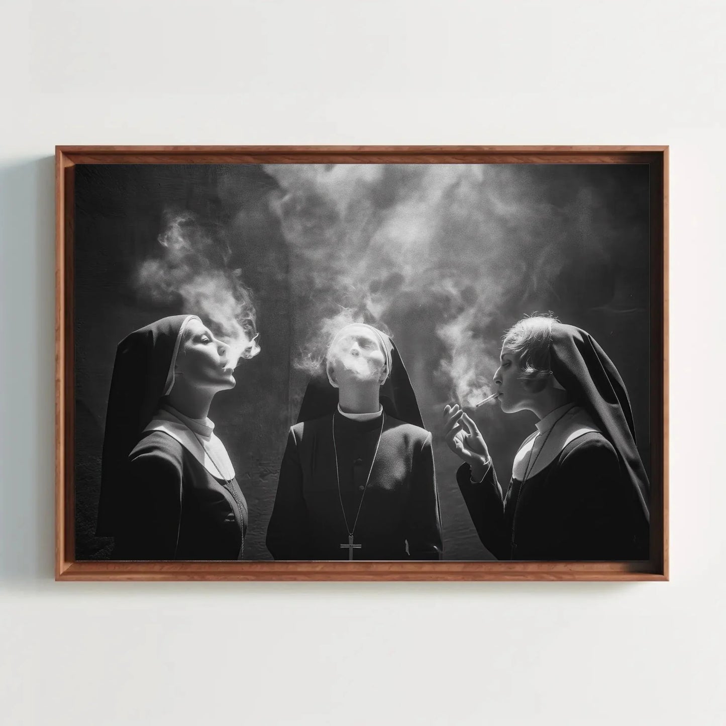 Three Nuns Smoking Canvas Print, Extra Large Monochrome Wall Art, Rebellious Black and White Photo for Modern Living Room or Creative Studio Wall Art – Canvas Print