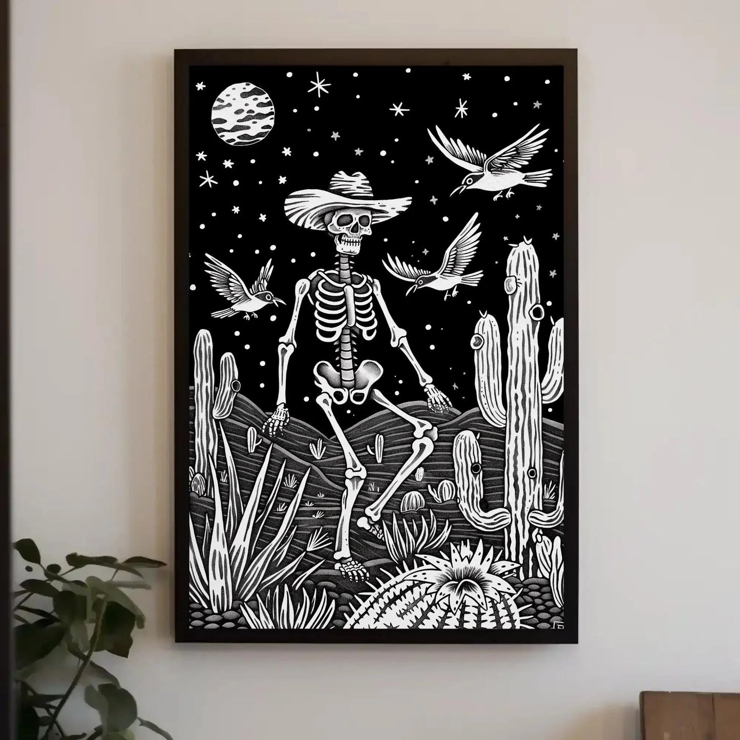 Mexican Skull with Sombrero Canvas Print, Extra Large Black and White Cactus Art, Day of the Dead Wall Decor for Rustic Cultural Home Style Wall Art – Canvas Print