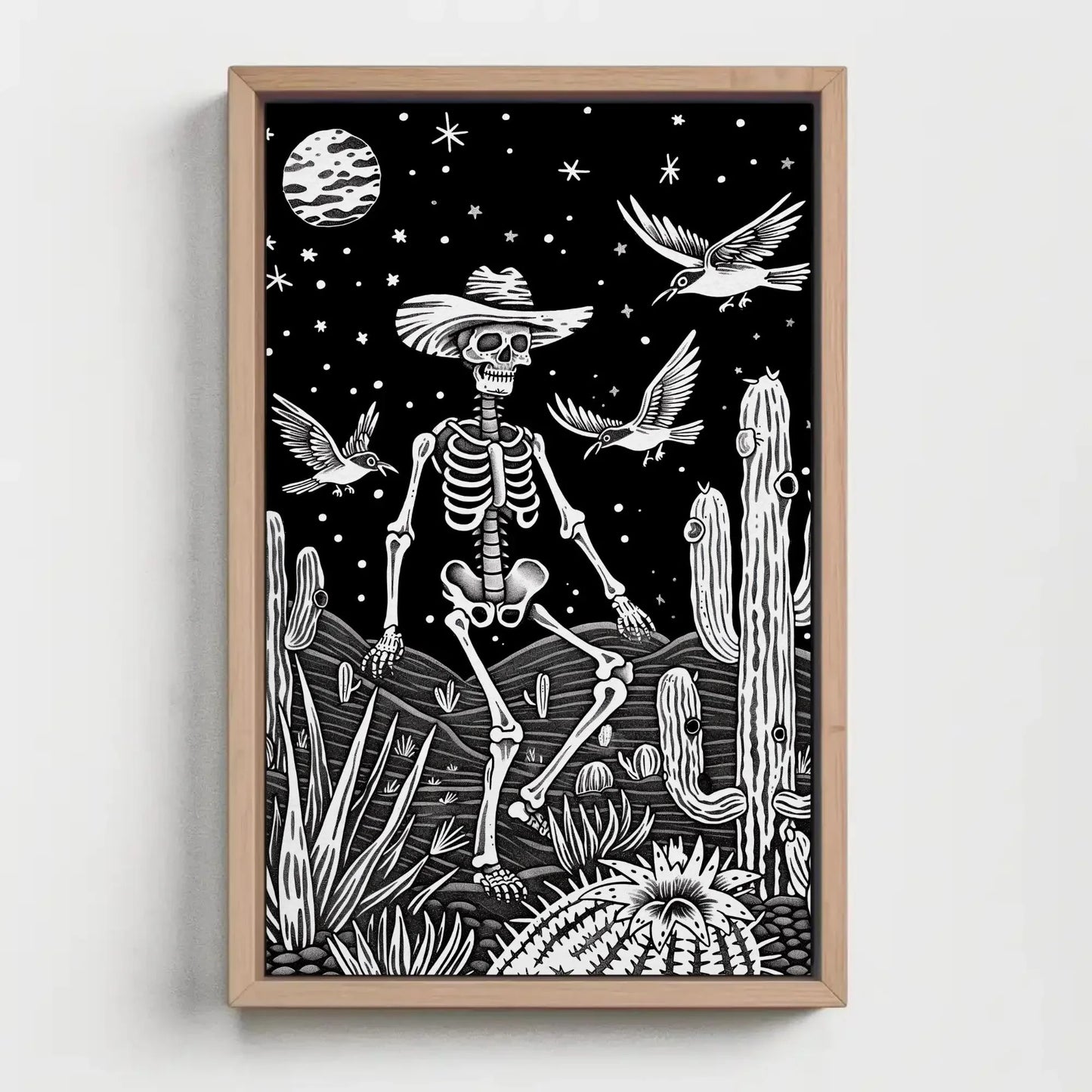 Mexican Skull with Sombrero Canvas Print, Extra Large Black and White Cactus Art, Day of the Dead Wall Decor for Rustic Cultural Home Style Wall Art – Canvas Print