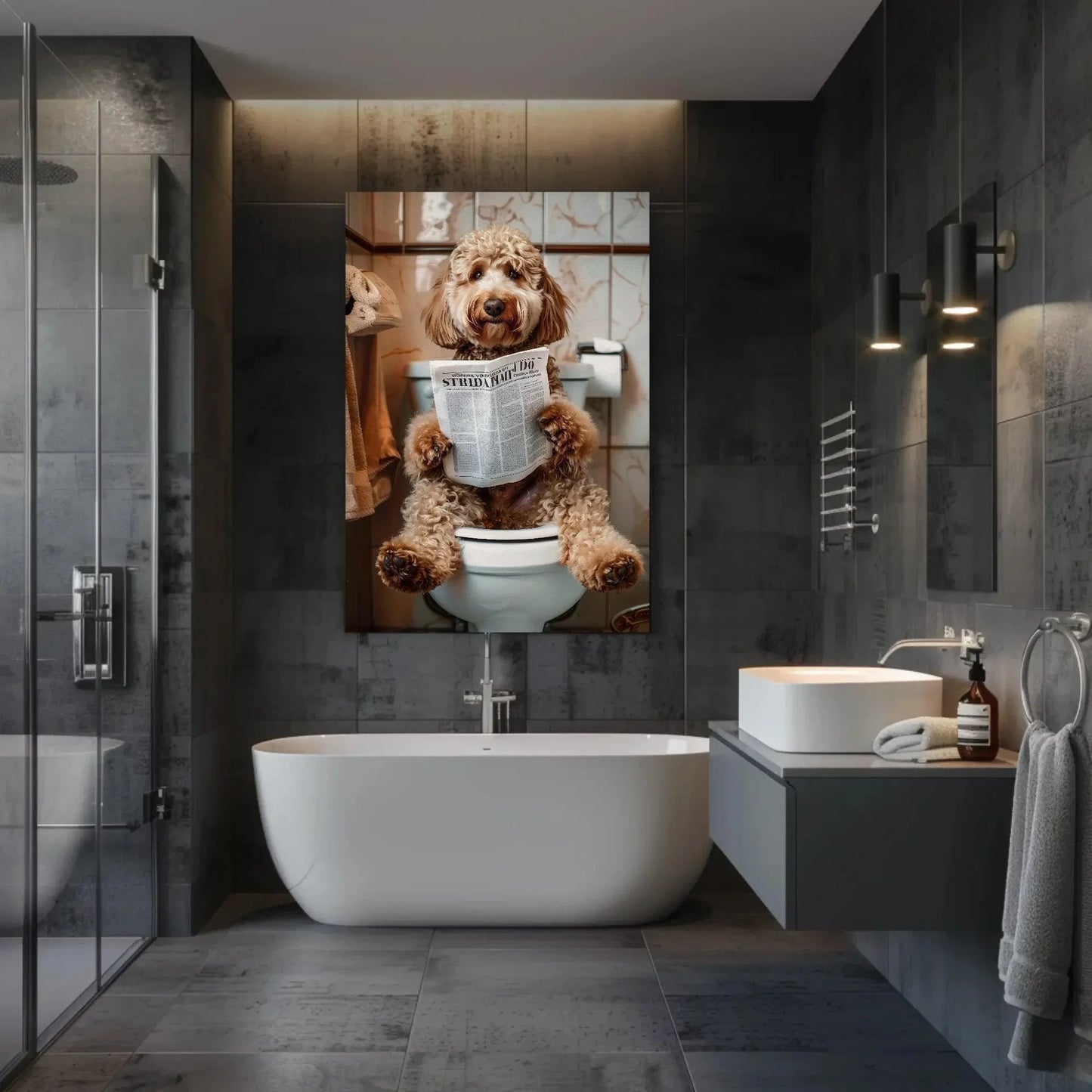 Goldendoodle dog reading newspaper on toilet canvas print - toilet humor -whimsical bathroom art - funny animal print - hq ready to hang Wall Art – Canvas Print