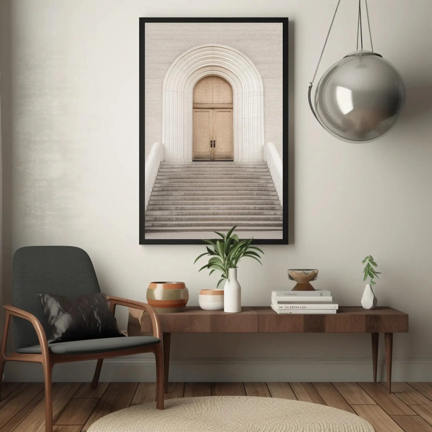White Door and Stairs Minimalist Canvas Print - Modern Architectural Wall Art - Framed Contemporary Decor for Living Room, Office, Bedroom Wall Art – Canvas Print