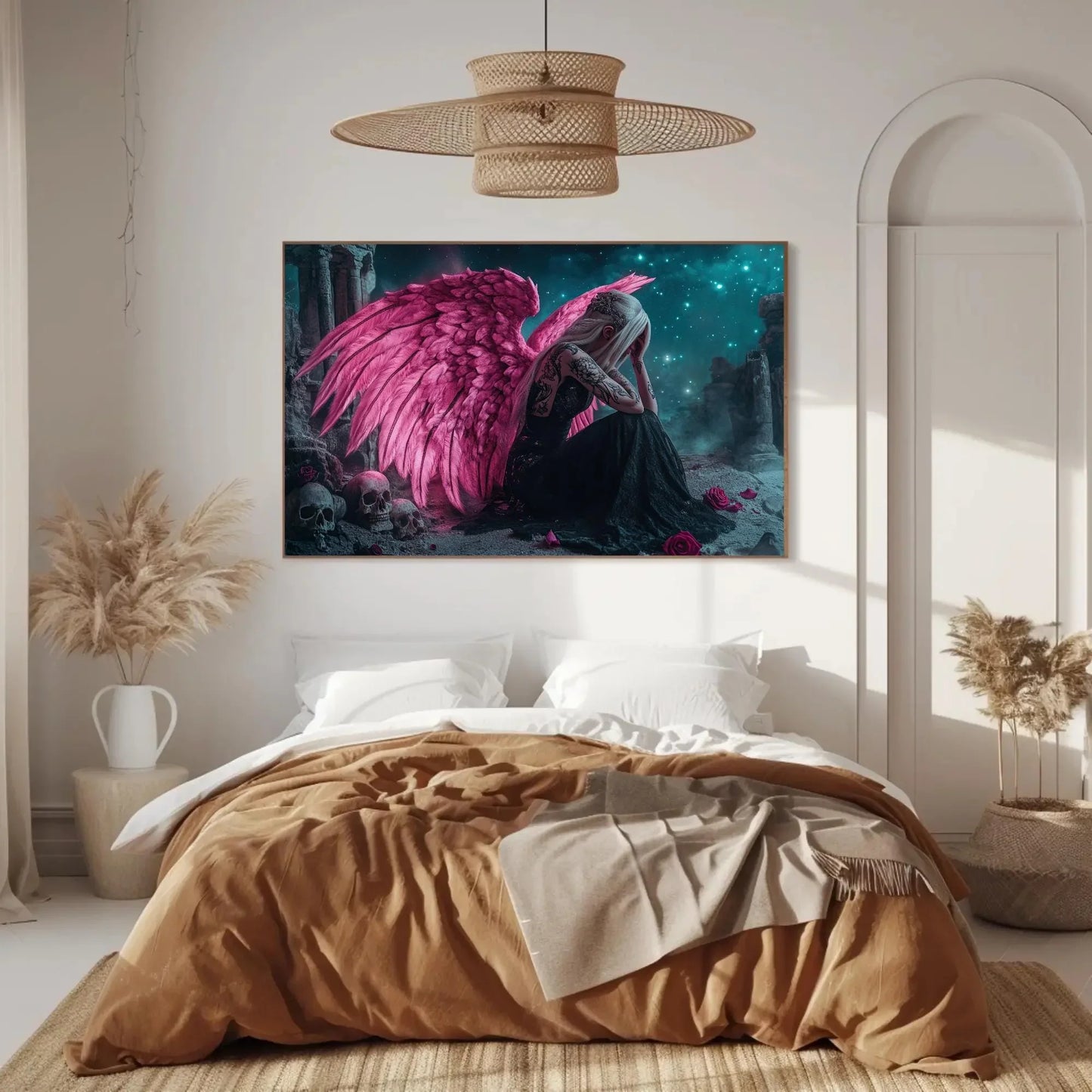 Sad Gothic Angel Canvas Print, Extra Large Pink Wing Tattoo Girl Wall Art, Emotional Fantasy Skull Decor for Alternative Bedroom or Studio Wall Art – Canvas Print