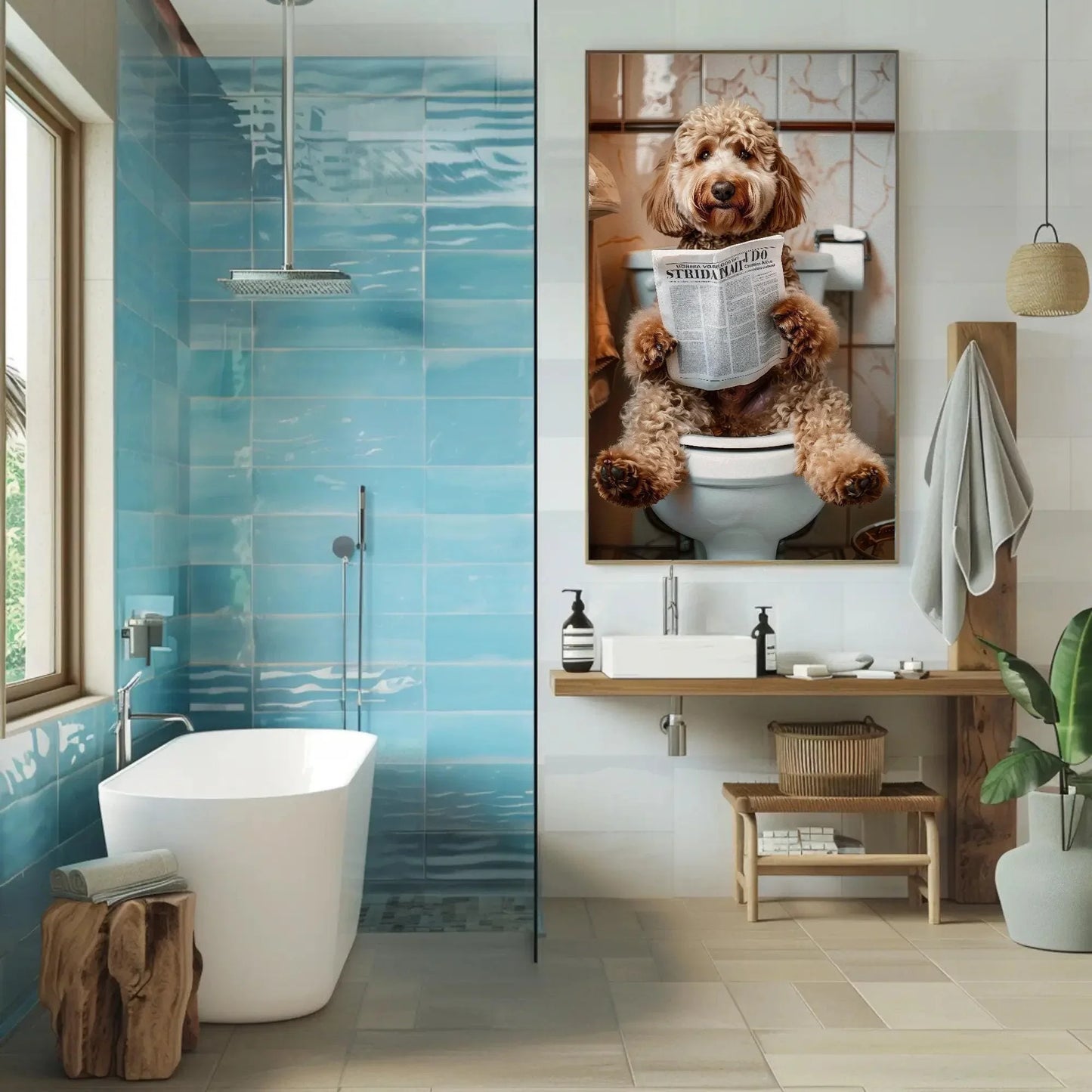 Goldendoodle dog reading newspaper on toilet canvas print - toilet humor -whimsical bathroom art - funny animal print - hq ready to hang Wall Art – Canvas Print