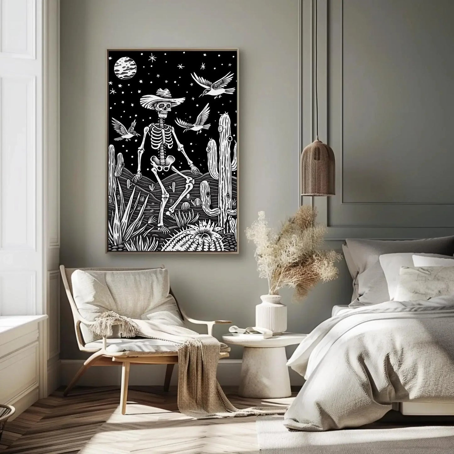 Mexican Skull with Sombrero Canvas Print, Extra Large Black and White Cactus Art, Day of the Dead Wall Decor for Rustic Cultural Home Style Wall Art – Canvas Print
