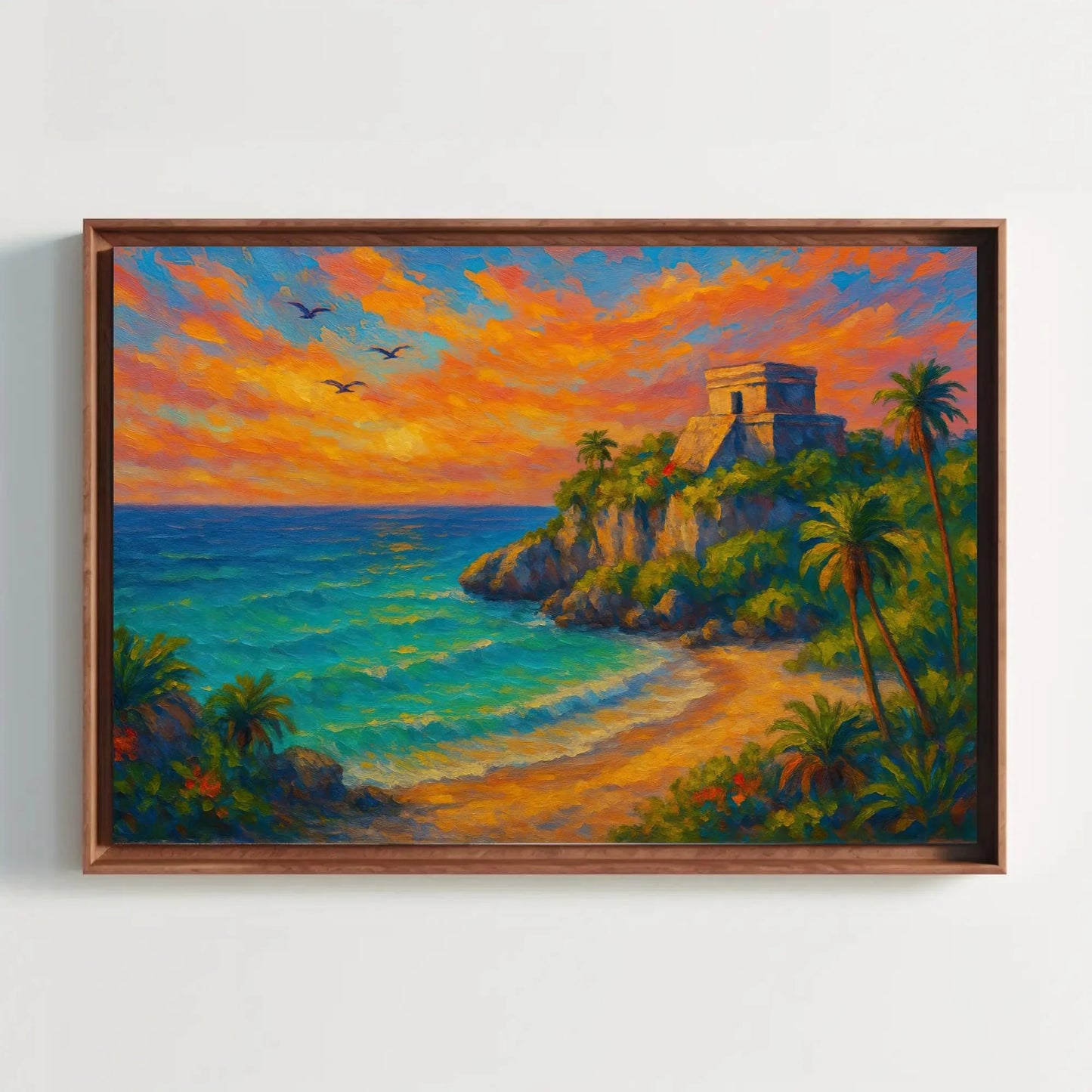 Tulum beach canvas print mayan ruins wall art tropical mexican coast sunset painting boho coastal decor with palm trees and cliff Wall Art – Canvas Print