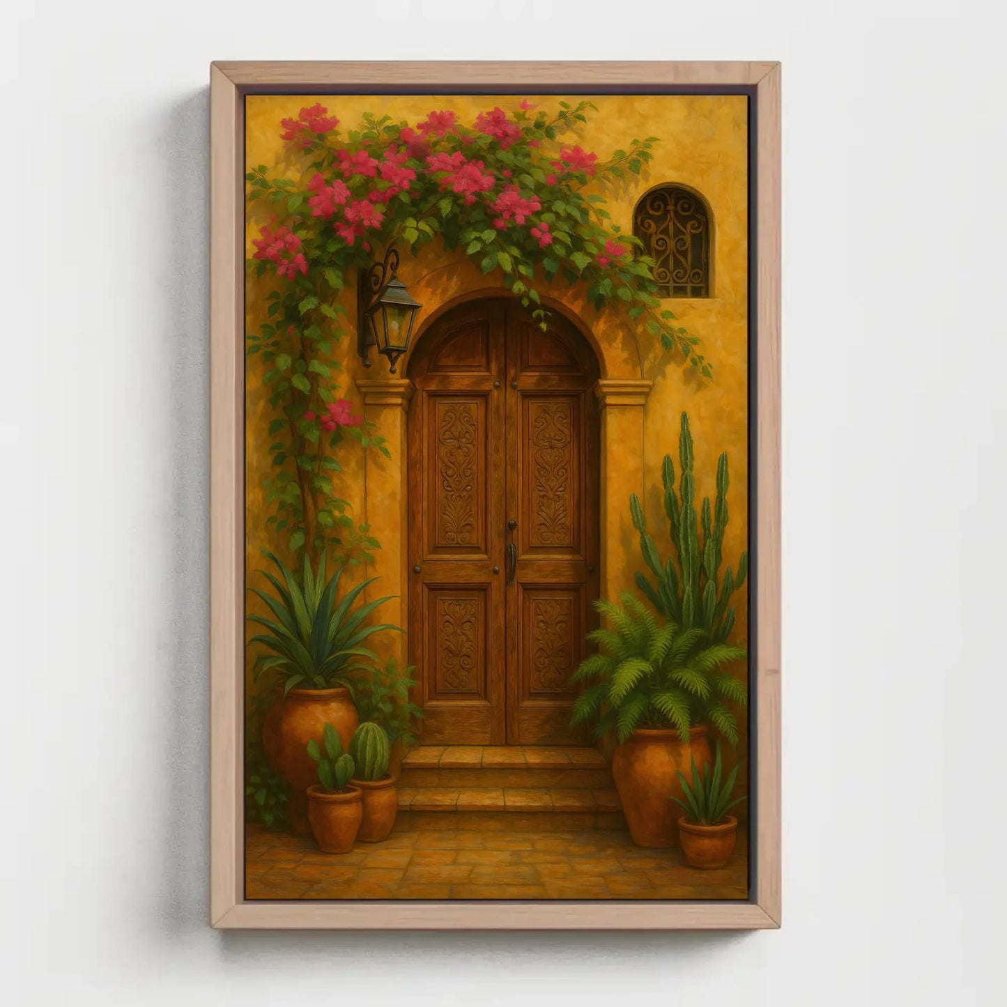 Mexican colonial doorway wall art print rustic terracotta house entrance decor with flowers plants clay pots traditional architecture Wall Art – Canvas Print