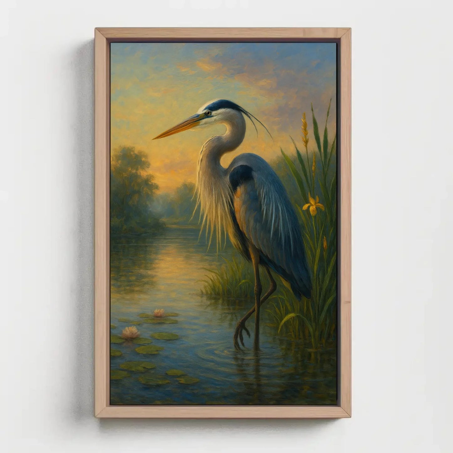 Great blue heron painting in tranquil wetlands at sunset nature bird wall art print wildlife landscape canvas serene decor Wall Art – Canvas Print