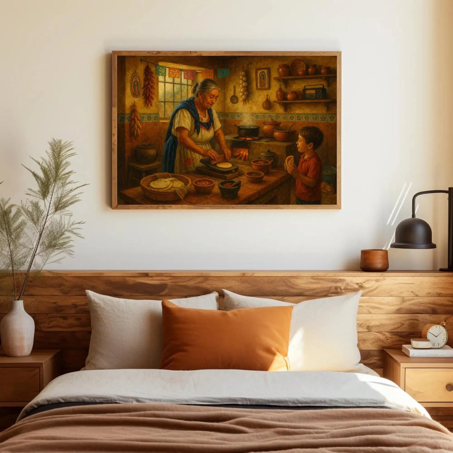 Mexican abuela cooking in traditional kitchen with tortilla press and fire stove, cultural Latin home decor painting print Wall Art – Canvas Print