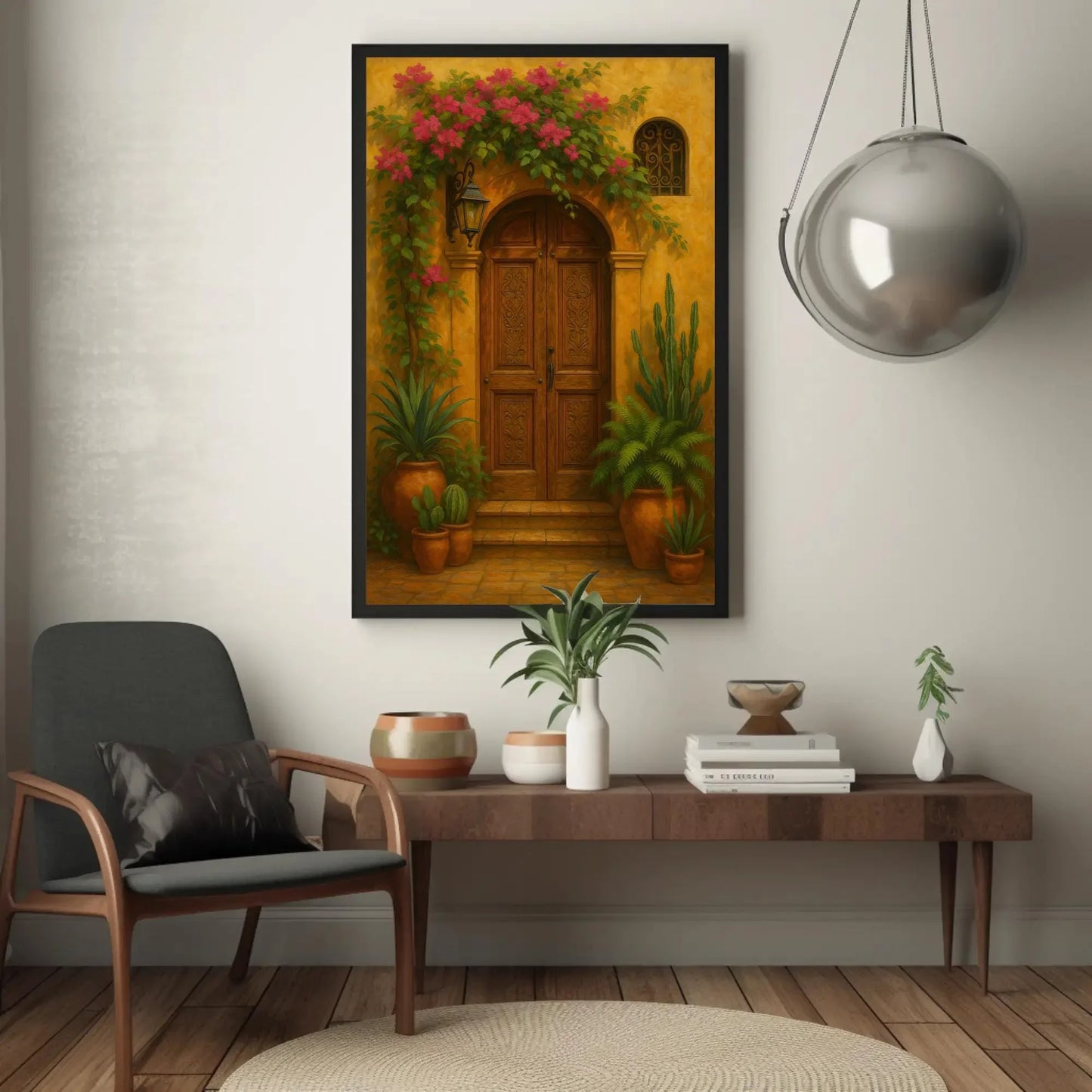 Mexican colonial doorway wall art print rustic terracotta house entrance decor with flowers plants clay pots traditional architecture Wall Art – Canvas Print