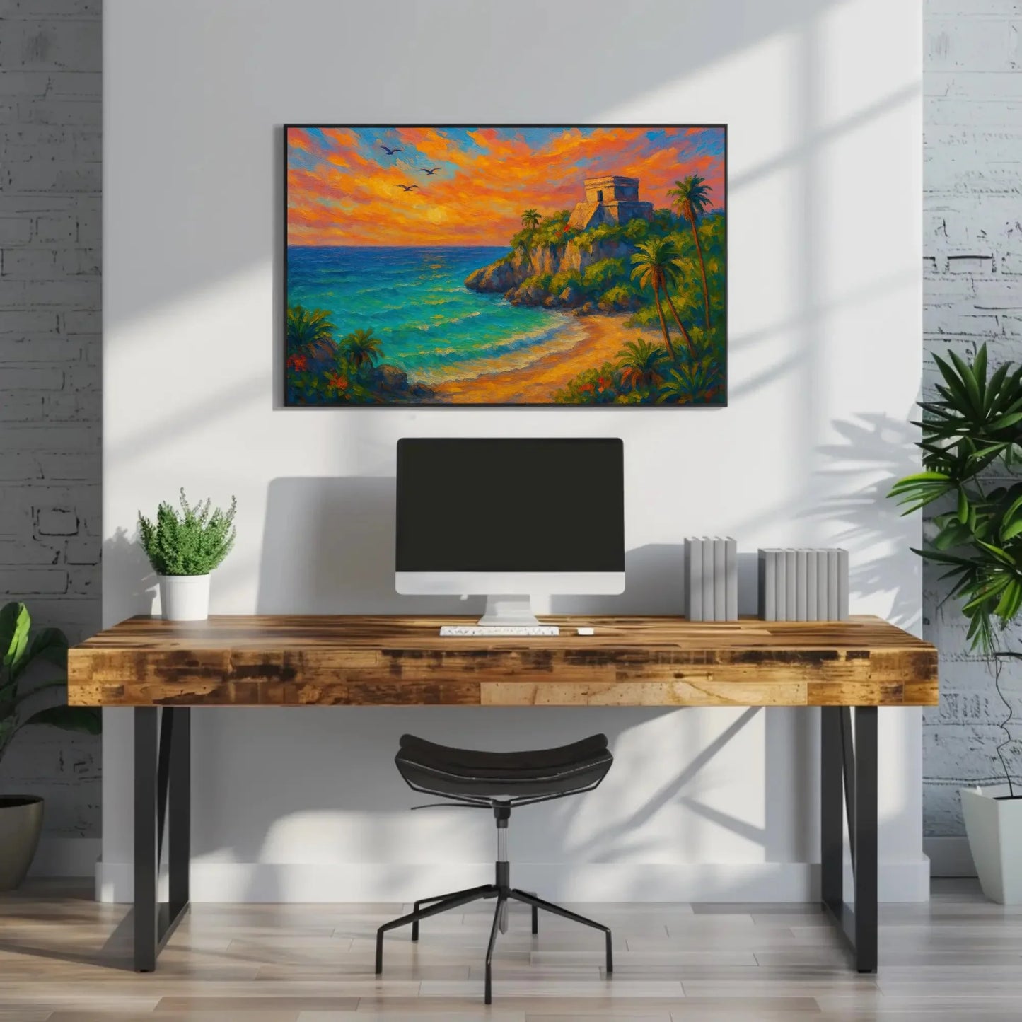Tulum beach canvas print mayan ruins wall art tropical mexican coast sunset painting boho coastal decor with palm trees and cliff Wall Art – Canvas Print