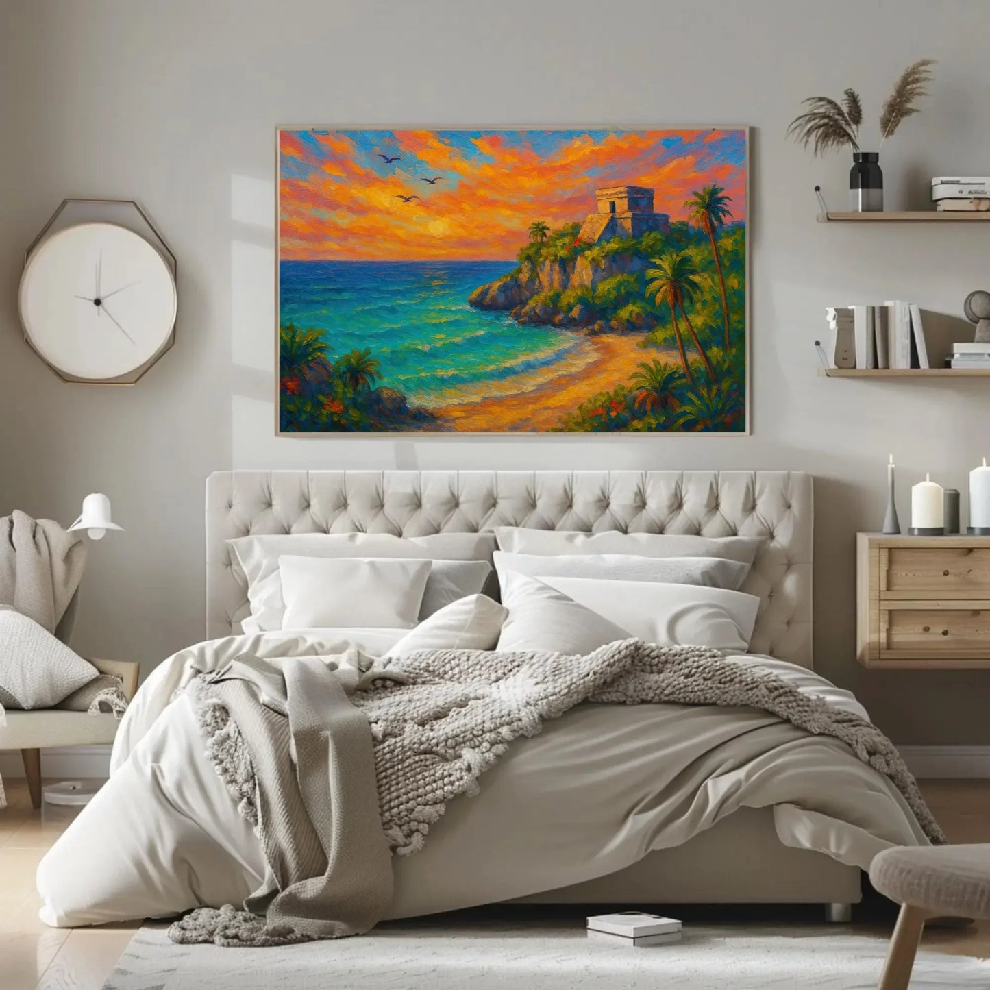 Tulum beach canvas print mayan ruins wall art tropical mexican coast sunset painting boho coastal decor with palm trees and cliff Wall Art – Canvas Print