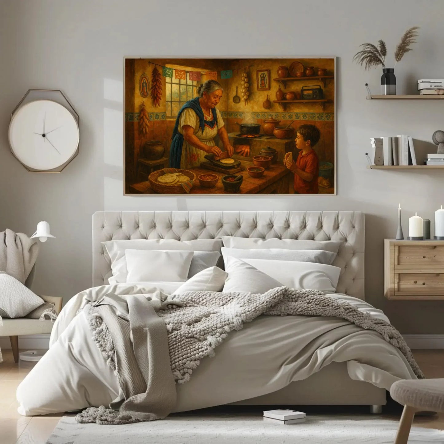 Mexican abuela cooking in traditional kitchen with tortilla press and fire stove, cultural Latin home decor painting print Wall Art – Canvas Print