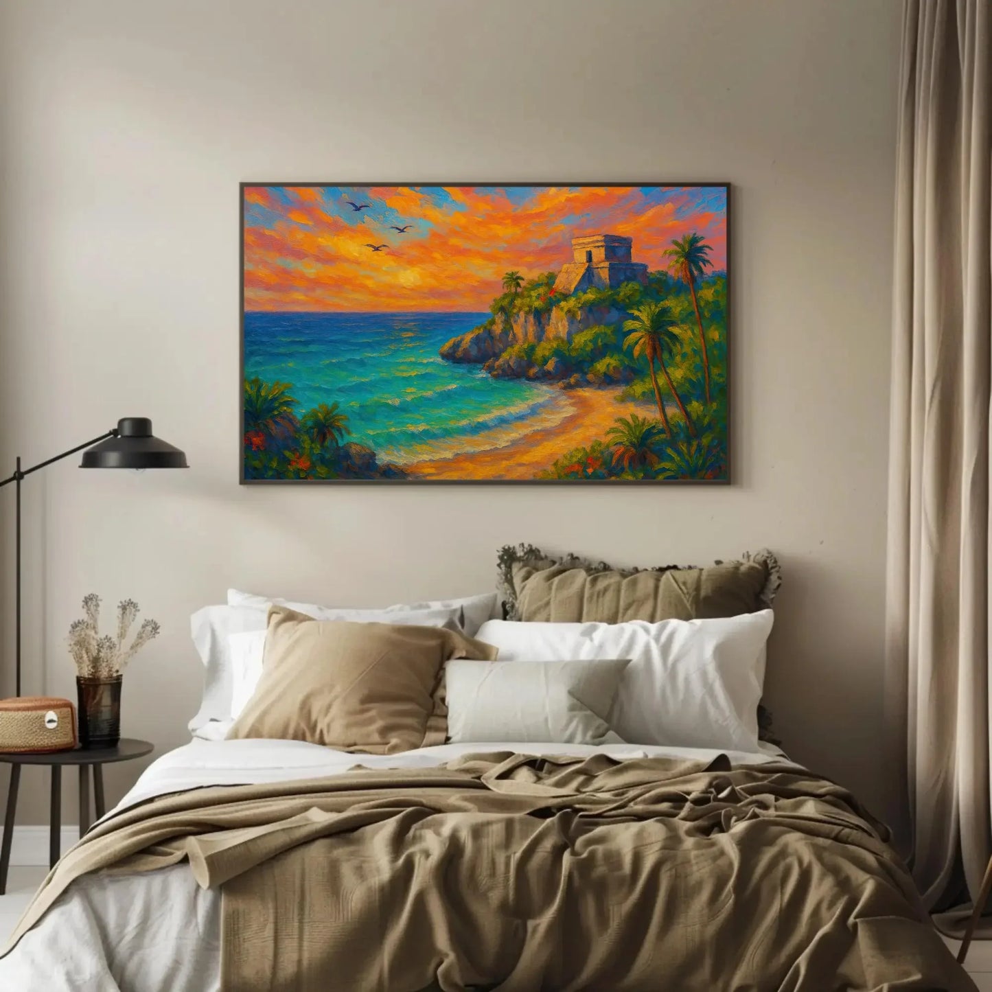 Tulum beach canvas print mayan ruins wall art tropical mexican coast sunset painting boho coastal decor with palm trees and cliff Wall Art – Canvas Print