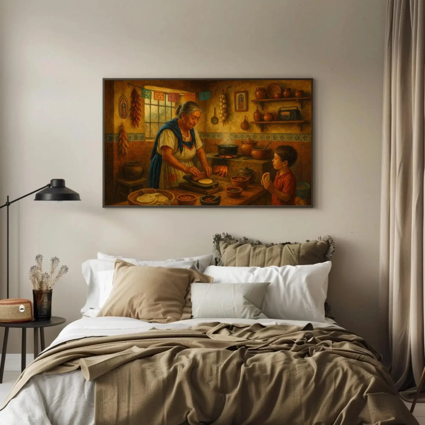 Mexican abuela cooking in traditional kitchen with tortilla press and fire stove, cultural Latin home decor painting print Wall Art – Canvas Print