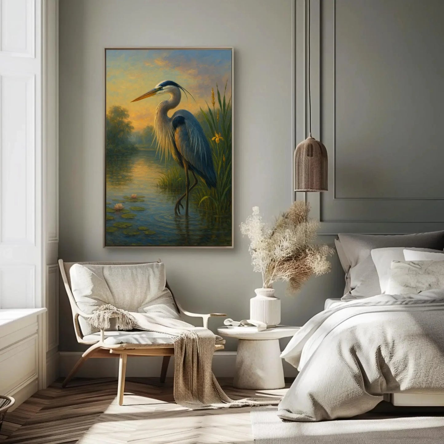 Great blue heron painting in tranquil wetlands at sunset nature bird wall art print wildlife landscape canvas serene decor Wall Art – Canvas Print