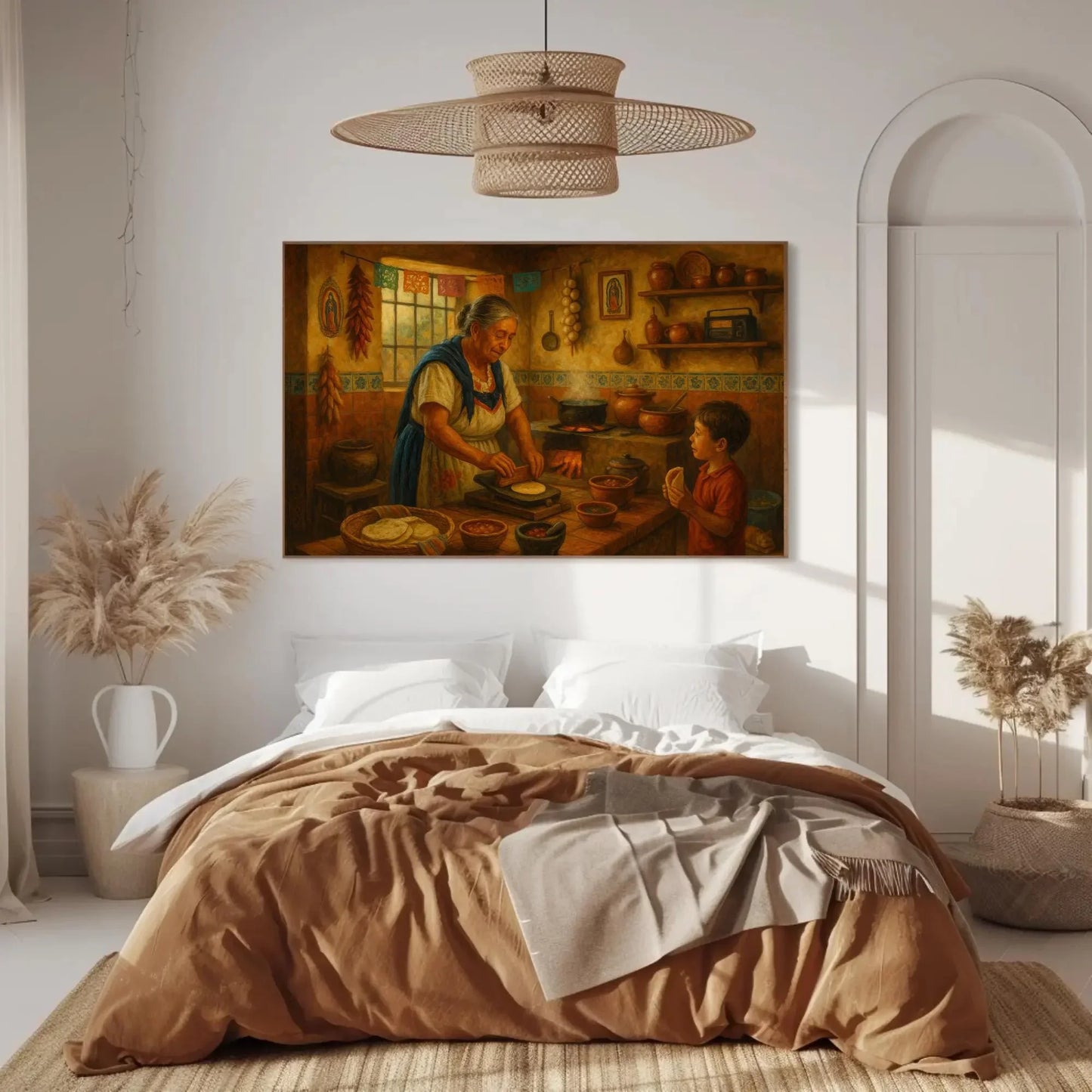 Mexican abuela cooking in traditional kitchen with tortilla press and fire stove, cultural Latin home decor painting print Wall Art – Canvas Print