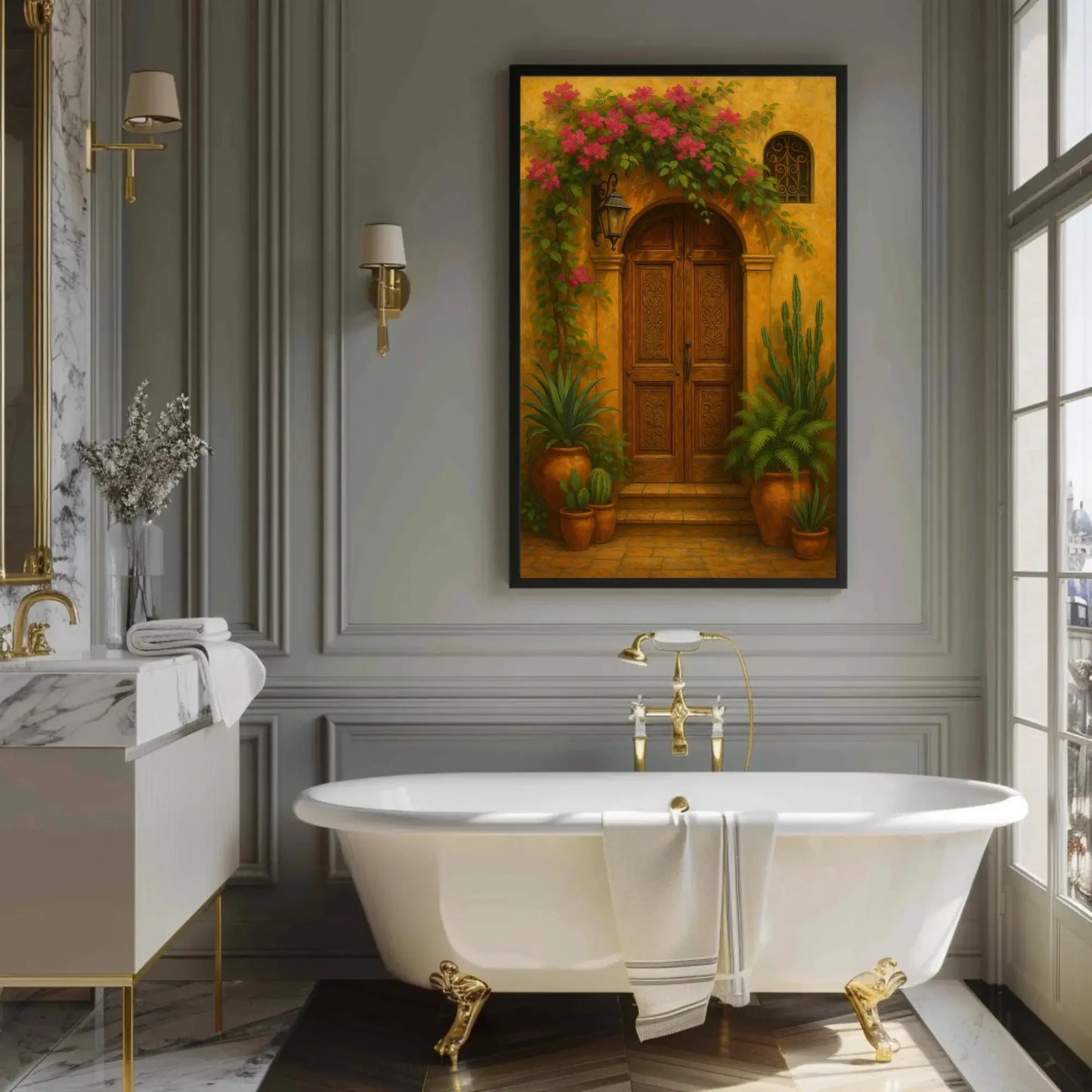 Mexican colonial doorway wall art print rustic terracotta house entrance decor with flowers plants clay pots traditional architecture Wall Art – Canvas Print
