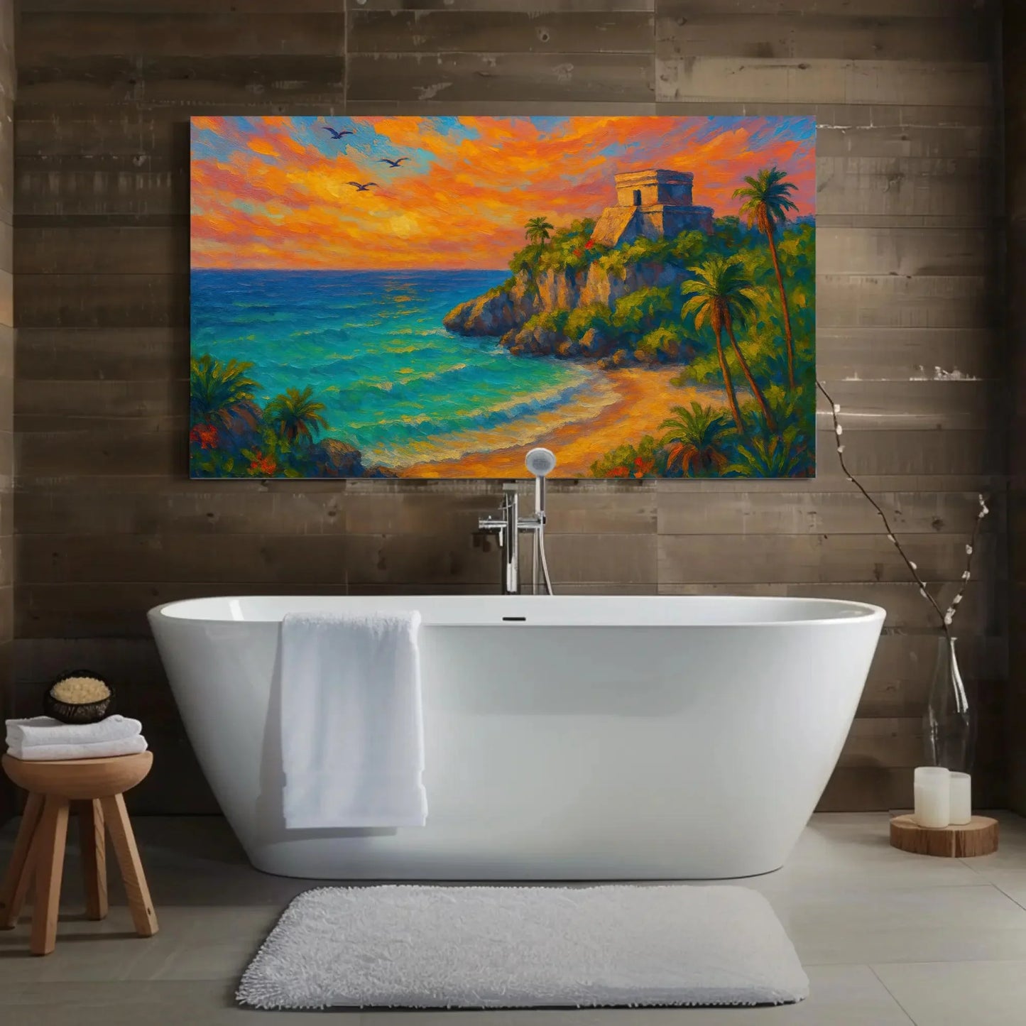 Tulum beach canvas print mayan ruins wall art tropical mexican coast sunset painting boho coastal decor with palm trees and cliff Wall Art – Canvas Print